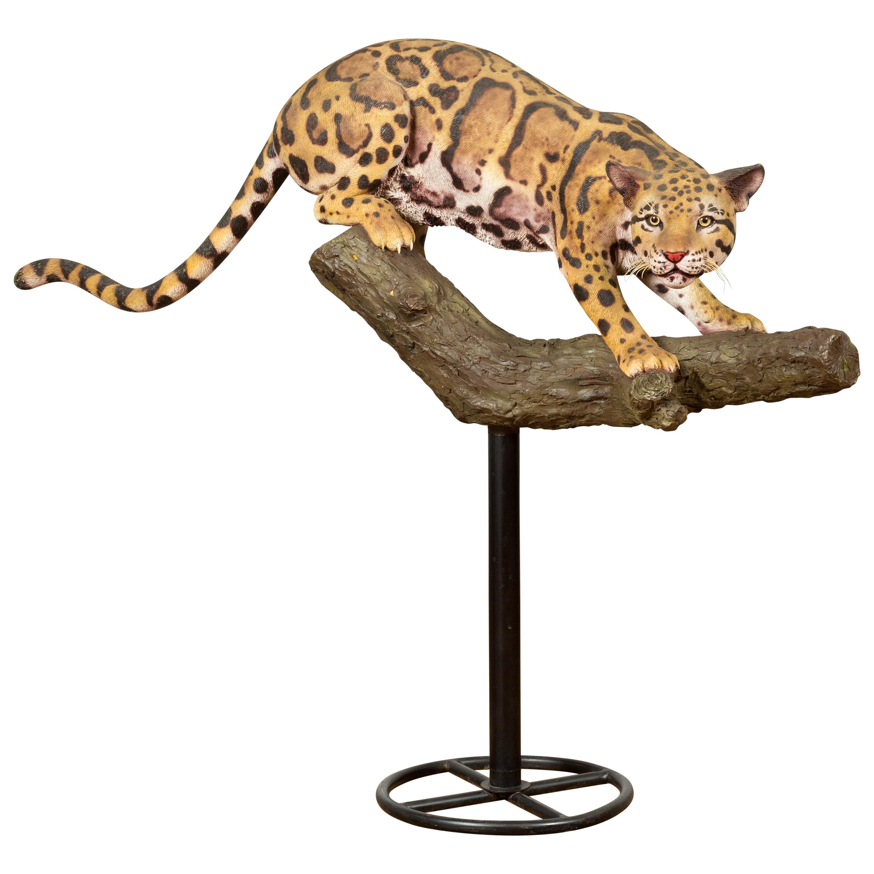 Contemporary Fiberglass Leopard Sculpture Mounted on a Tree Base