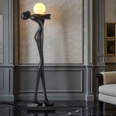 Midcentury Figurative Floor Lamp in Matte Black with Frosted Glass Globe, 1970s