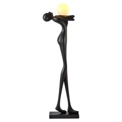 Midcentury Figurative Floor Lamp in Matte Black with Frosted Glass Globe, 1970s