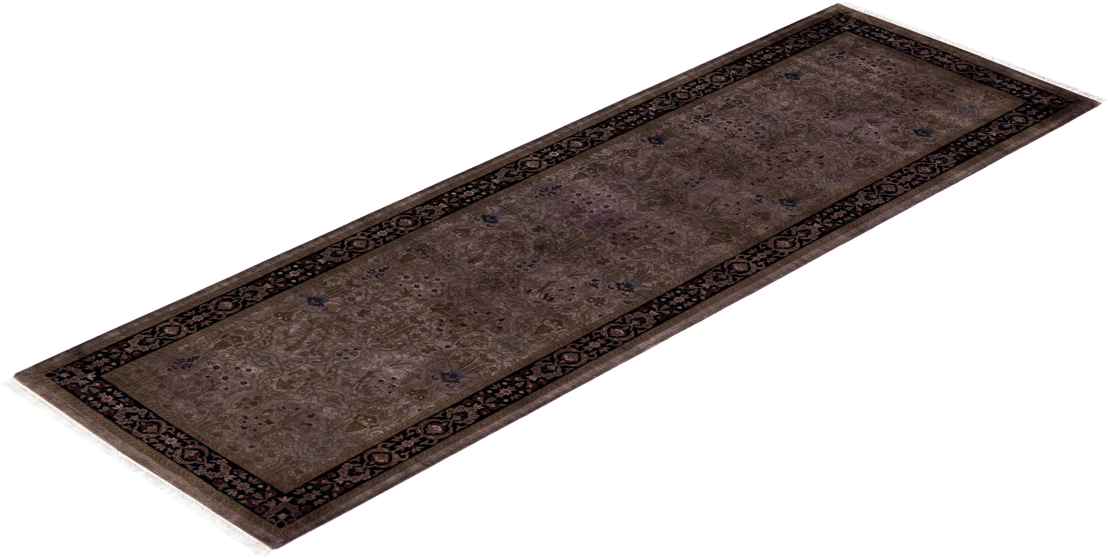 Contemporary Fine Vibrance Hand Knotted Wool Brown Runner  For Sale 4