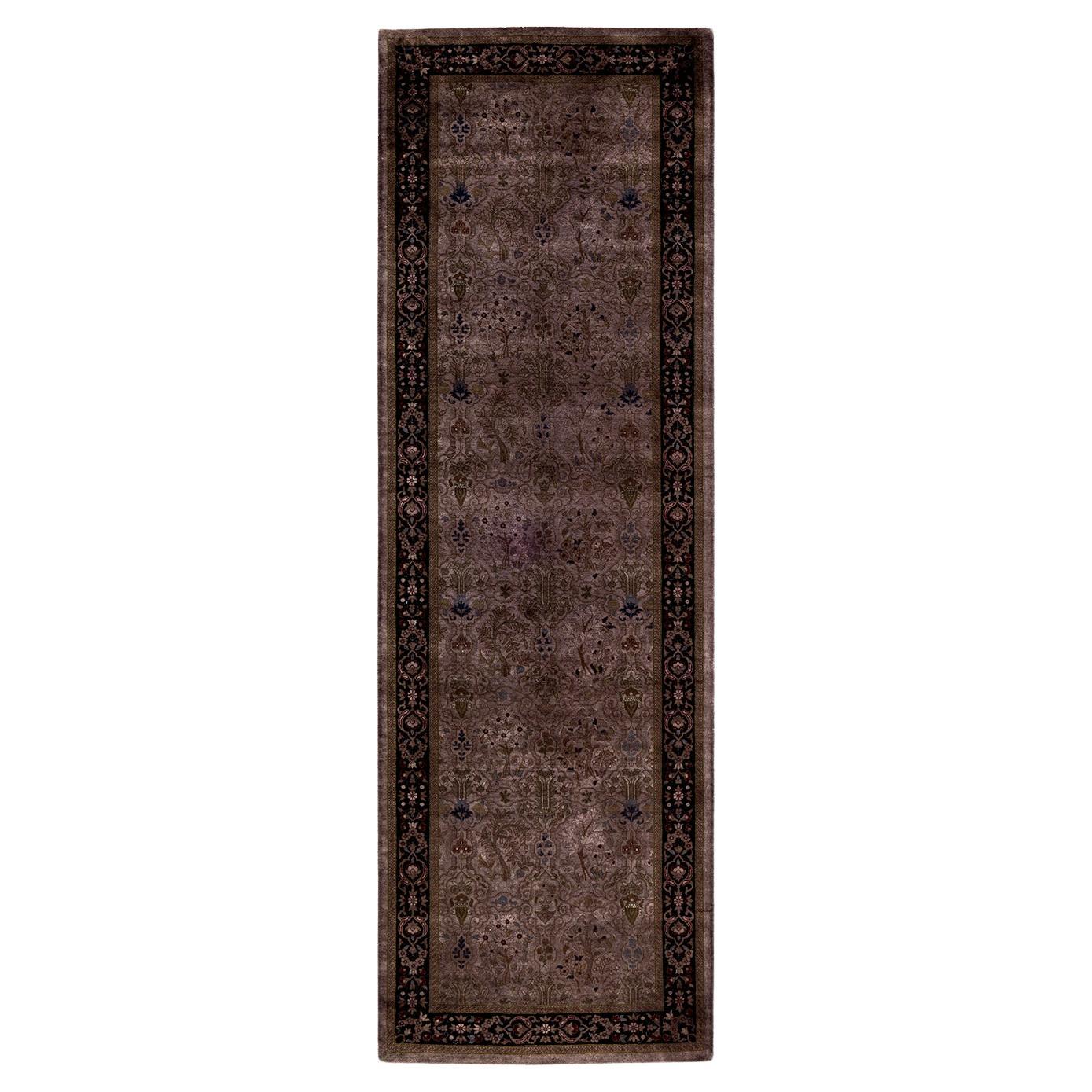 Contemporary Fine Vibrance Hand Knotted Wool Brown Runner  For Sale