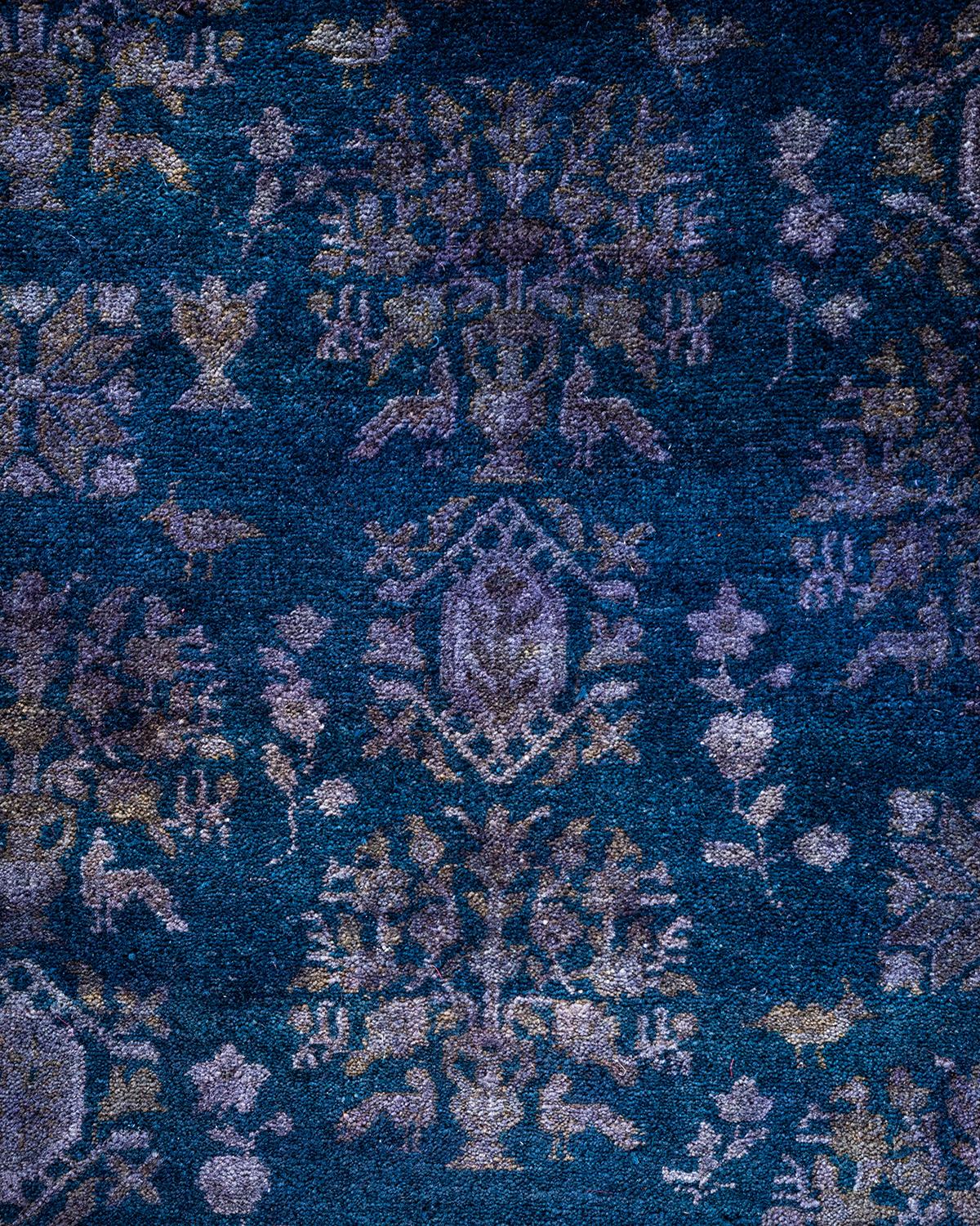 Pakistani Contemporary Fine Vibrance Hand Knotted Wool Blue Area Rug For Sale
