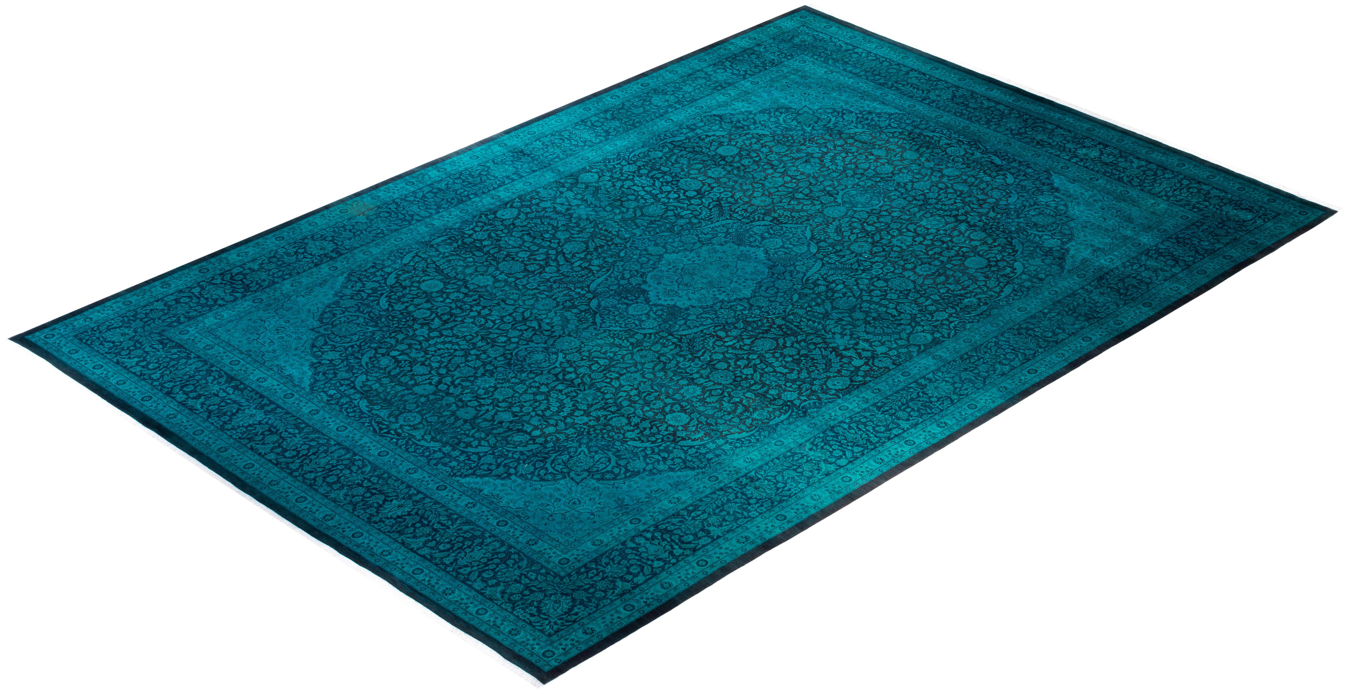 Contemporary Fine Vibrance Hand Knotted Wool Blue Area Rug For Sale 4