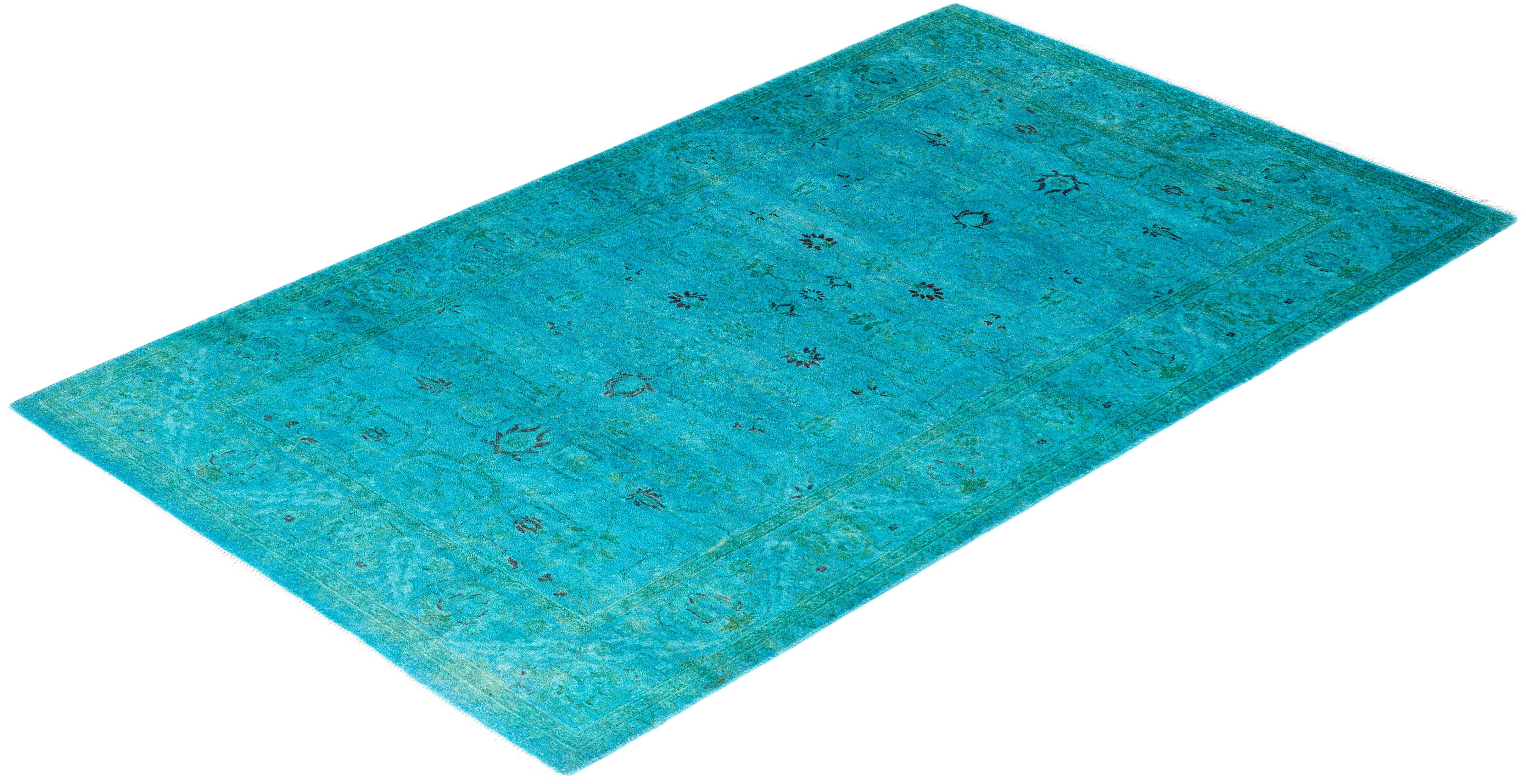 Contemporary Fine Vibrance Hand Knotted Wool Blue Area Rug For Sale 4