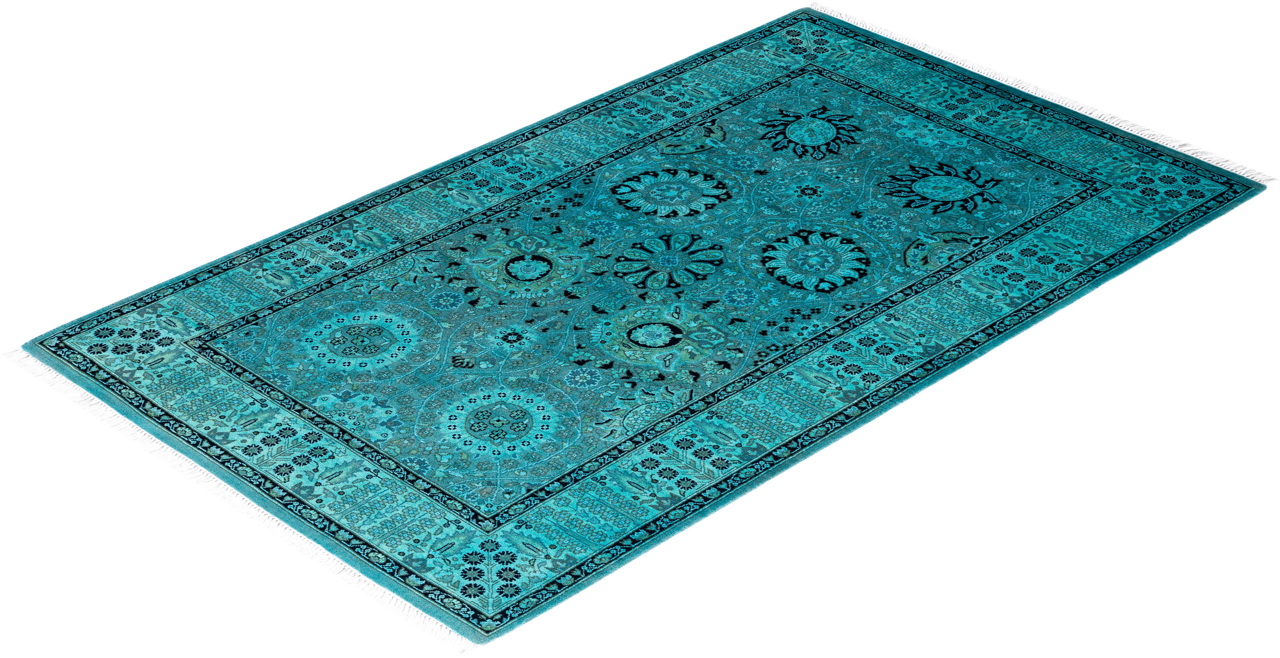 Contemporary Fine Vibrance Hand Knotted Wool Blue Area Rug  For Sale 4