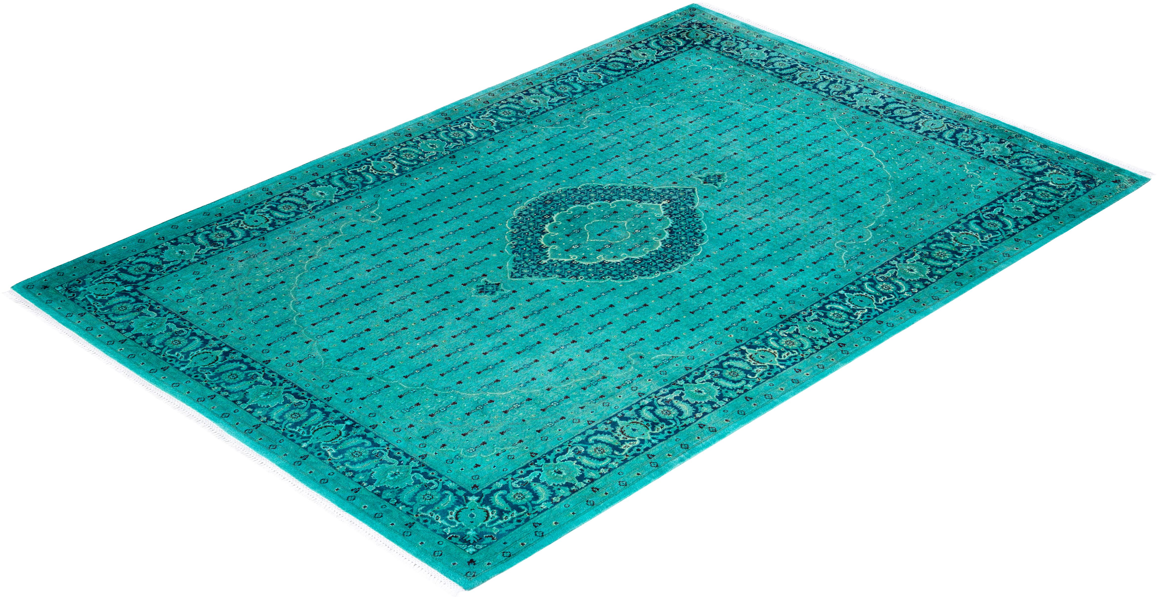 Contemporary Fine Vibrance Hand Knotted Wool Blue Area Rug For Sale 4