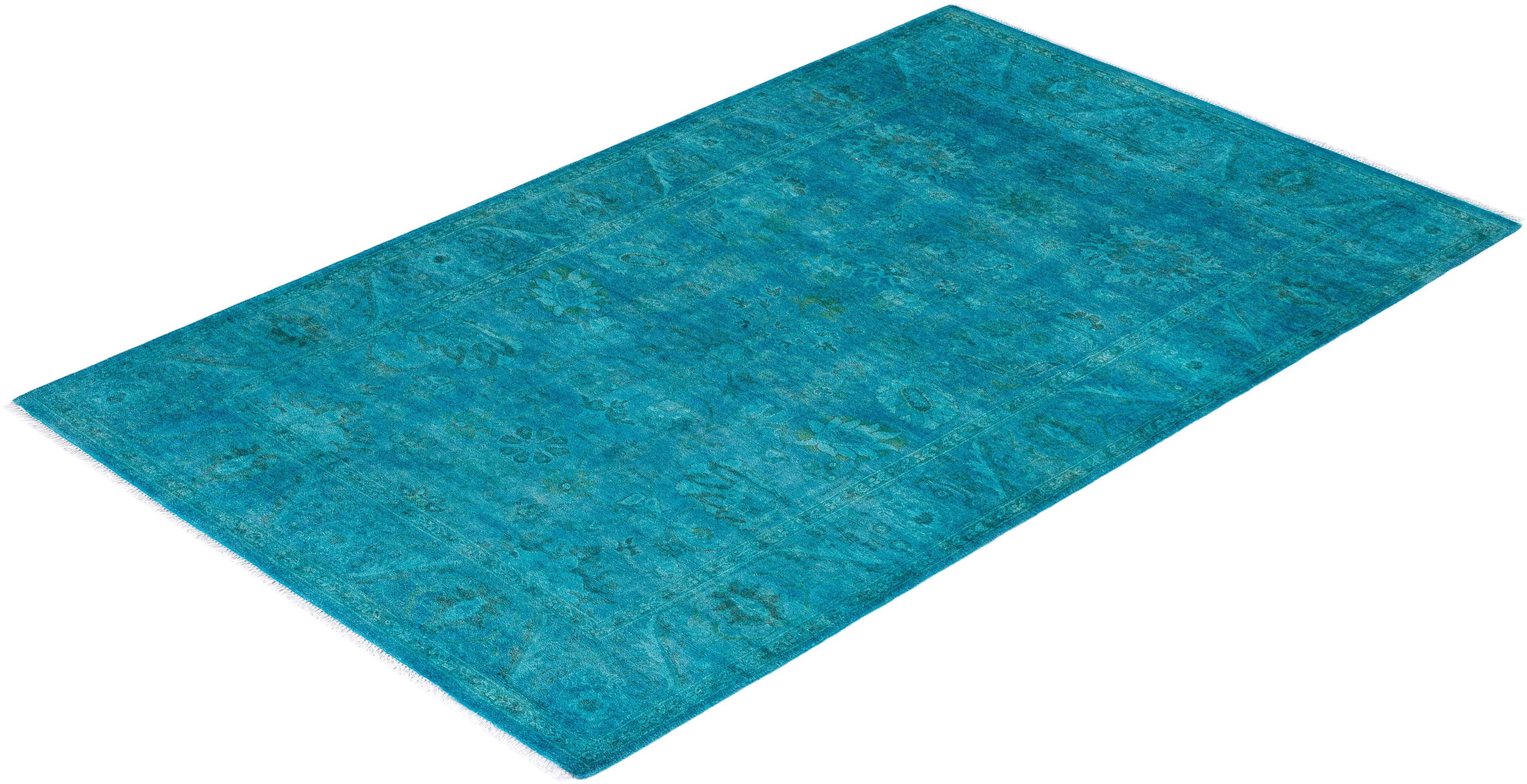 Contemporary Fine Vibrance Hand Knotted Wool Blue Area Rug  For Sale 4