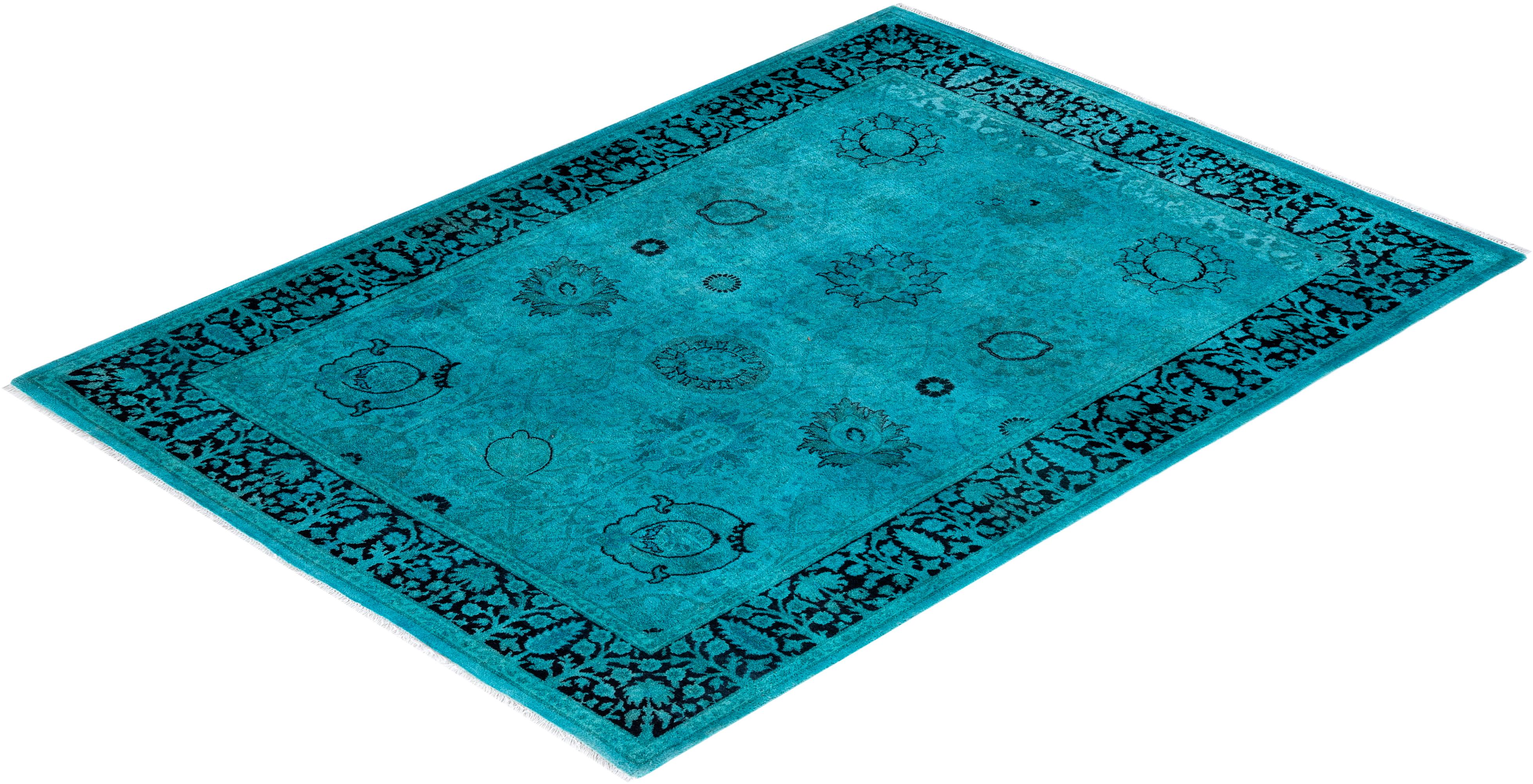 Contemporary Fine Vibrance Hand Knotted Wool Blue Area Rug For Sale 4