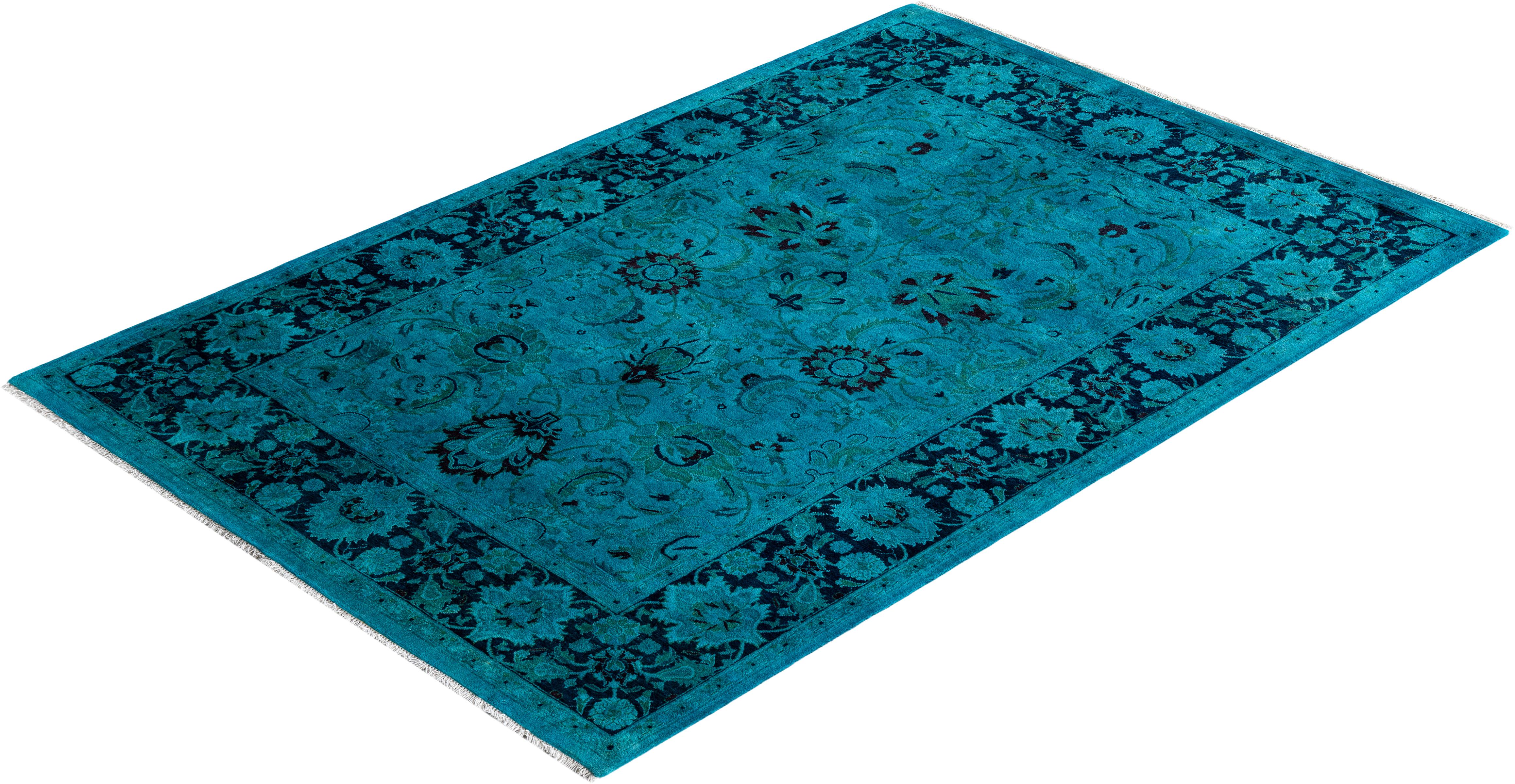Contemporary Fine Vibrance Hand Knotted Wool Blue Area Rug  For Sale 4