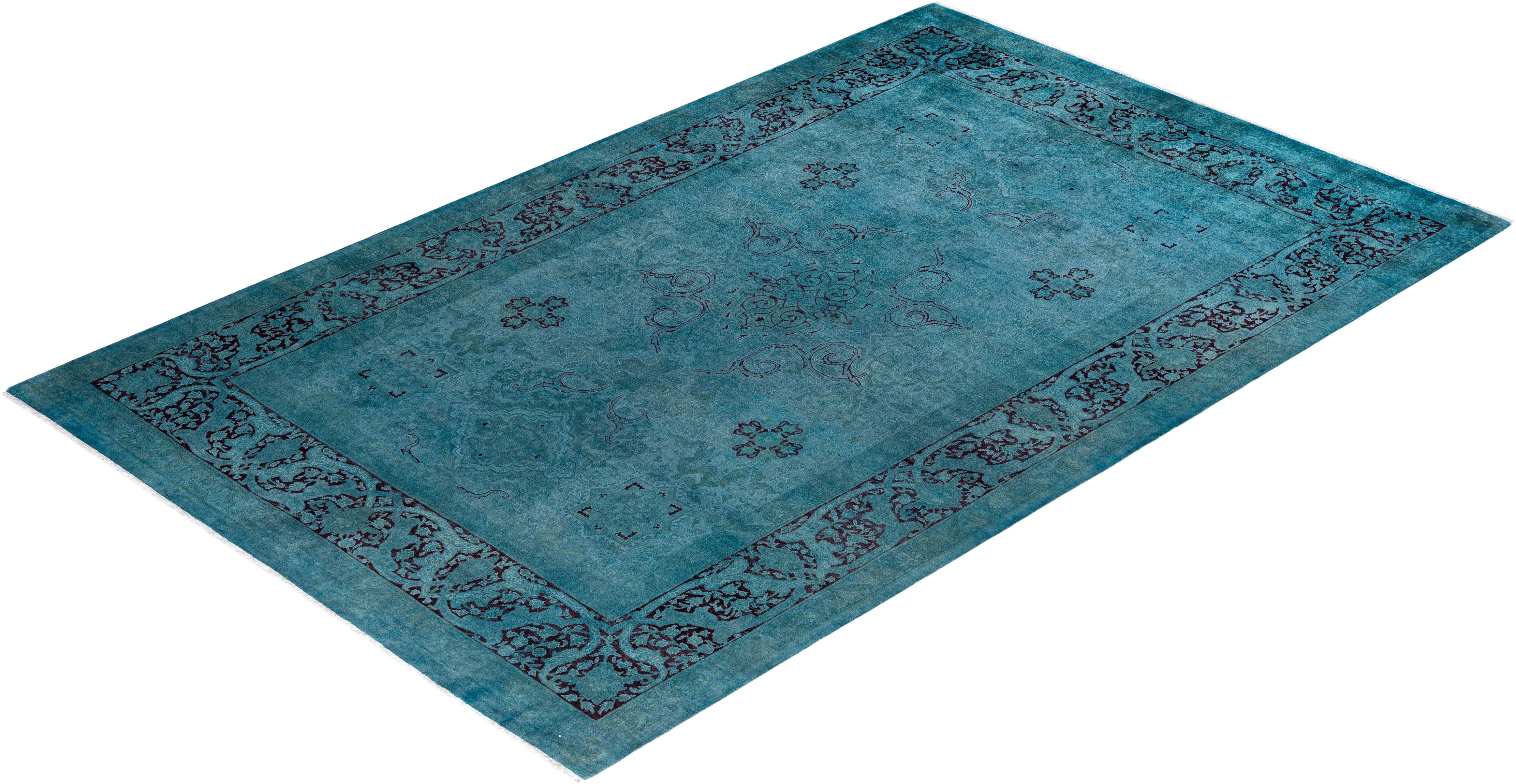 Contemporary Fine Vibrance Hand Knotted Wool Blue Area Rug For Sale 4