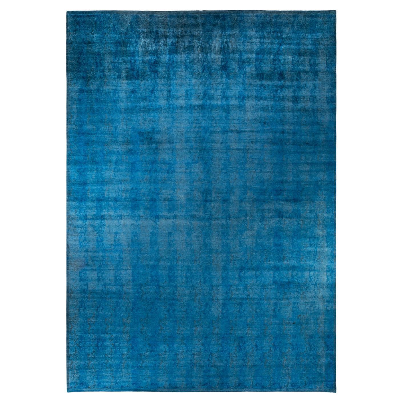 Contemporary Fine Vibrance Hand Knotted Wool Blue Area Rug For Sale