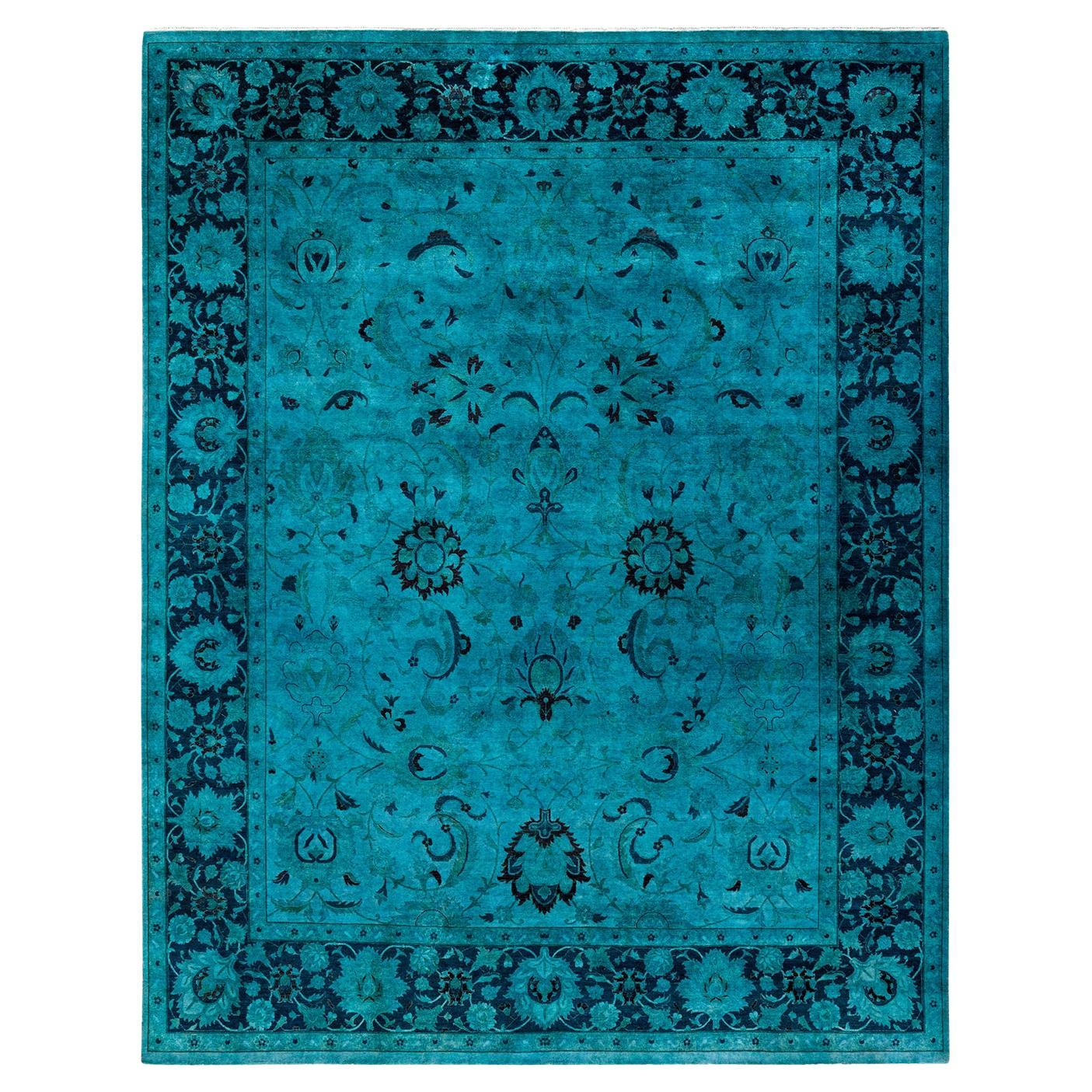 Contemporary Fine Vibrance Hand Knotted Wool Blue Area Rug For Sale