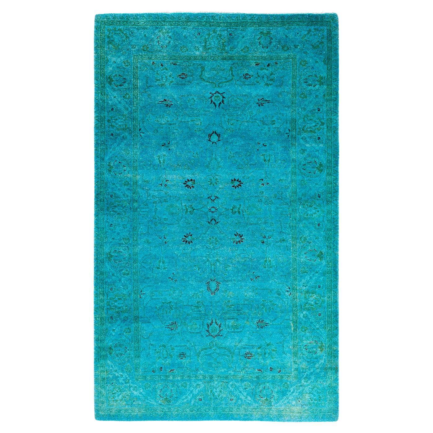 Contemporary Fine Vibrance Hand Knotted Wool Blue Area Rug For Sale