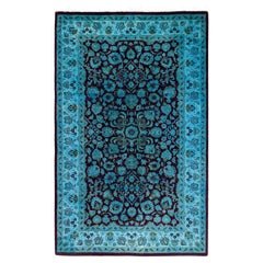 Contemporary Fine Vibrance Hand Knotted Wool Blue Area Rug (Tapis bleu en laine nouée à la main)