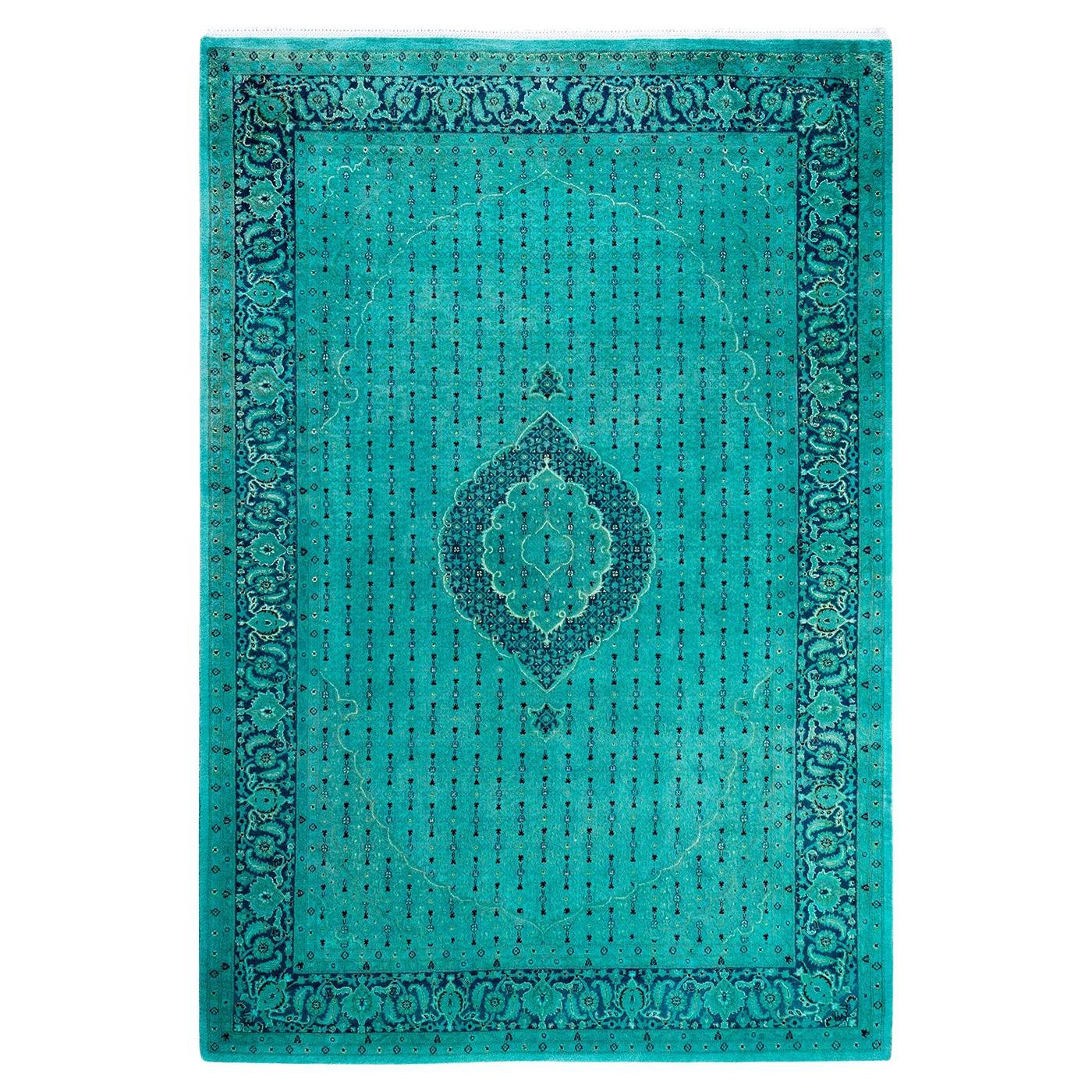 Contemporary Fine Vibrance Hand Knotted Wool Blue Area Rug For Sale