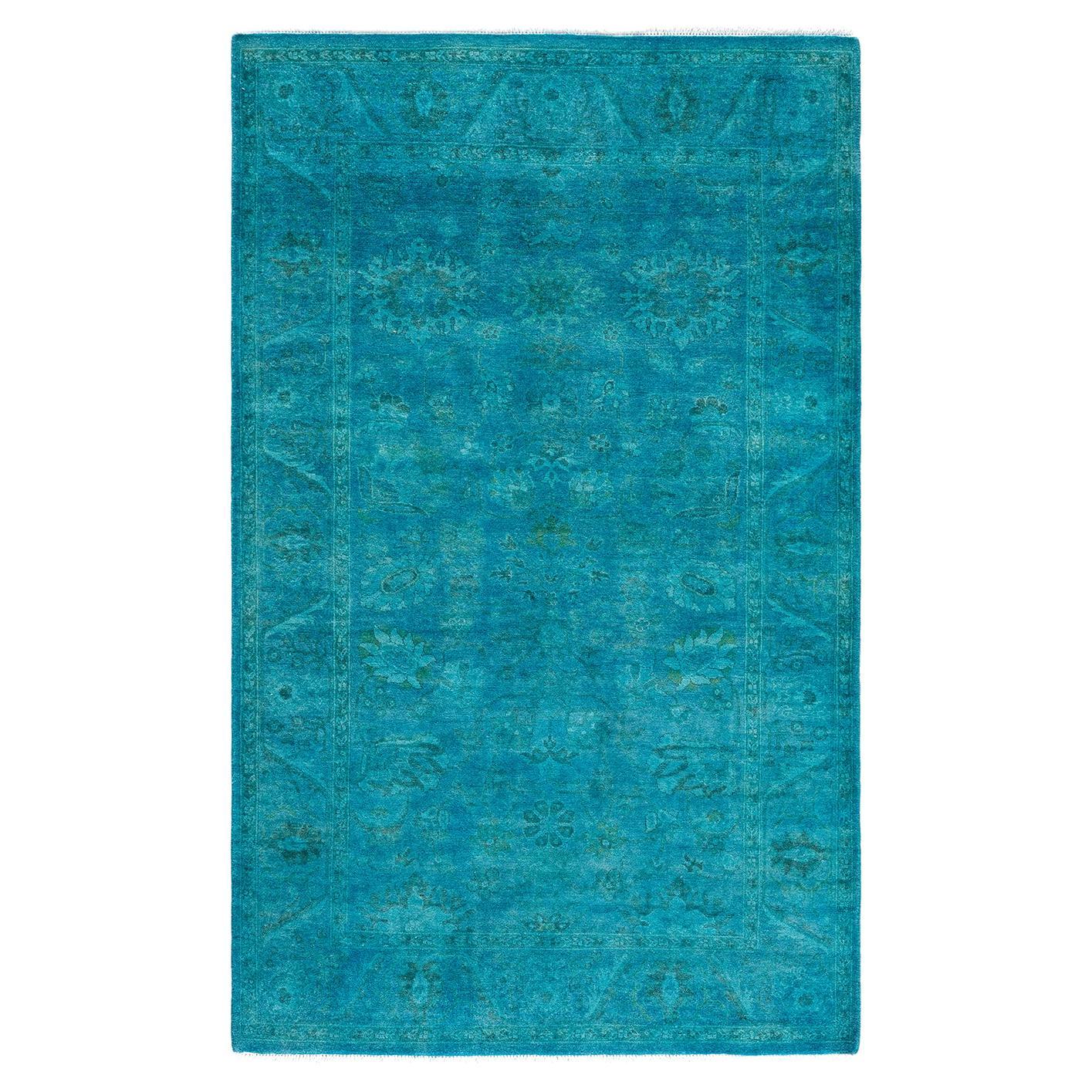 Contemporary Fine Vibrance Hand Knotted Wool Blue Area Rug  For Sale