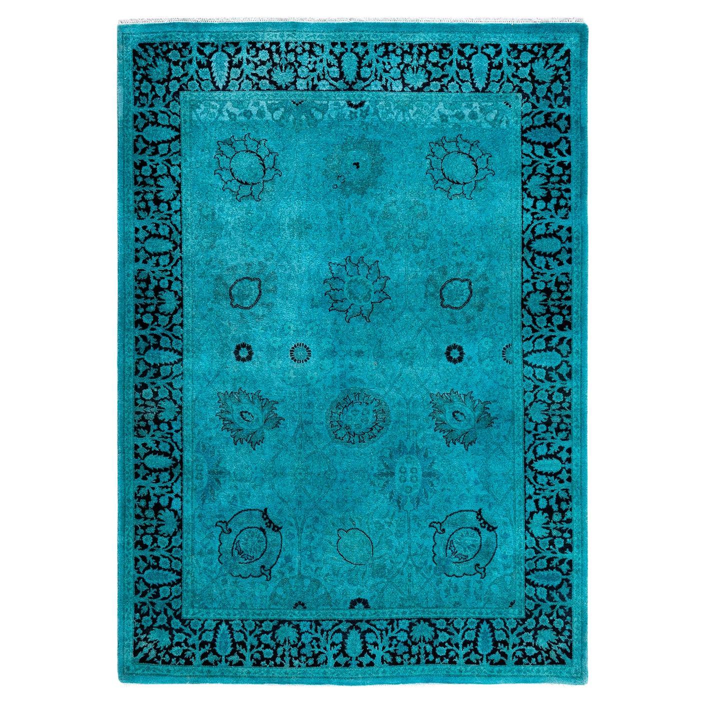 Contemporary Fine Vibrance Hand Knotted Wool Blue Area Rug (Tapis bleu en laine nouée à la main)