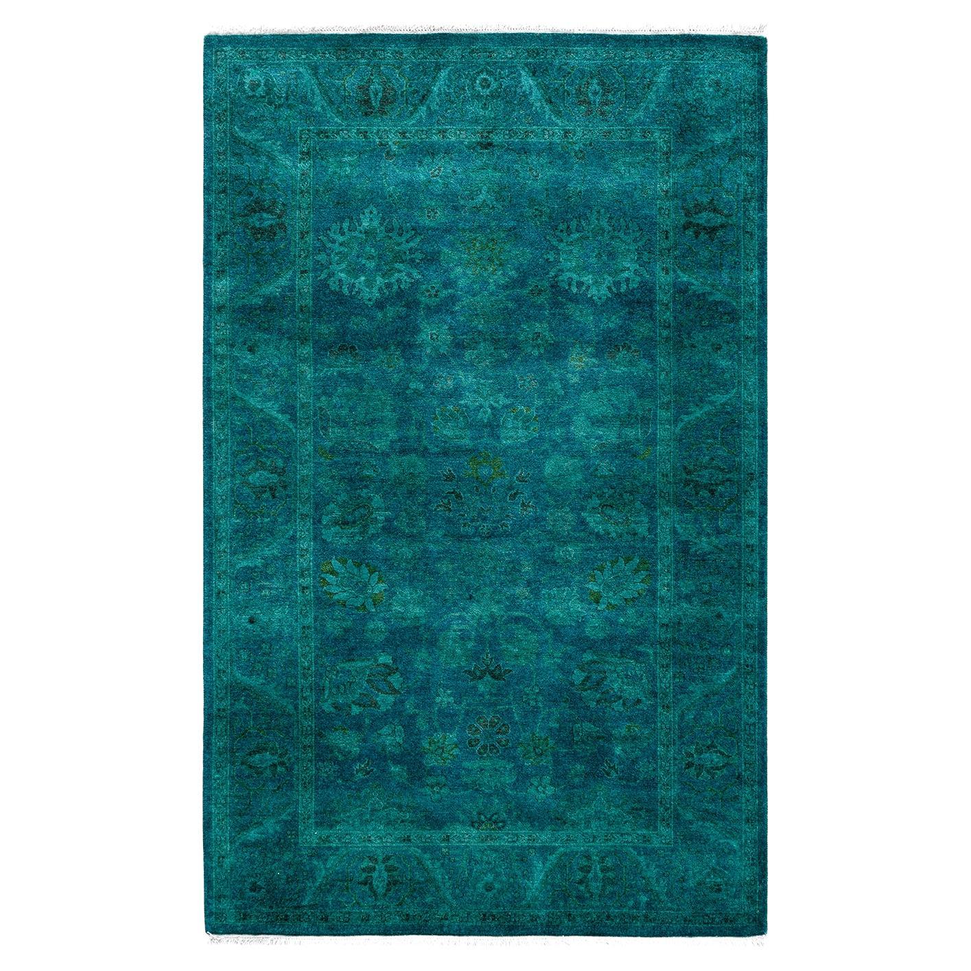 Contemporary Fine Vibrance Hand Knotted Wool Blue Area Rug  For Sale