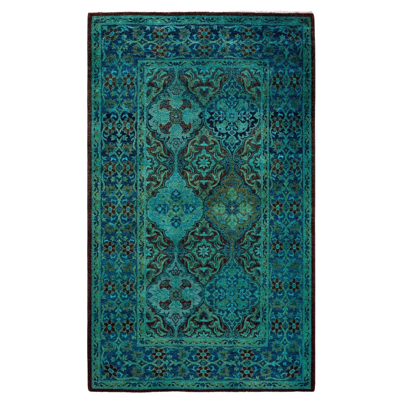 Contemporary Fine Vibrance Hand Knotted Wool Blue Area Rug  For Sale