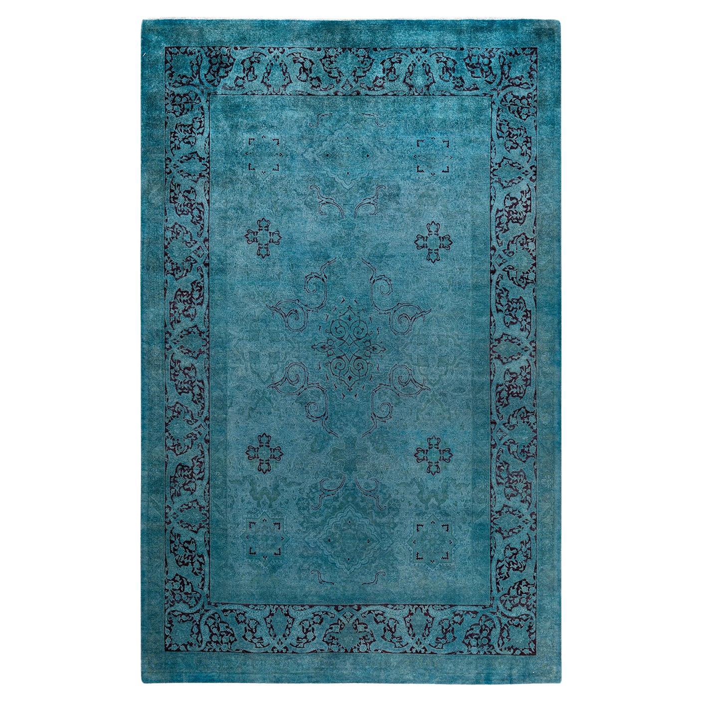 Contemporary Fine Vibrance Hand Knotted Wool Blue Area Rug For Sale