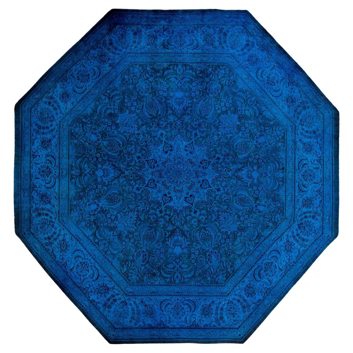 Contemporary Fine Vibrance Hand Knotted Wool Blue Octagon Area Rug For Sale