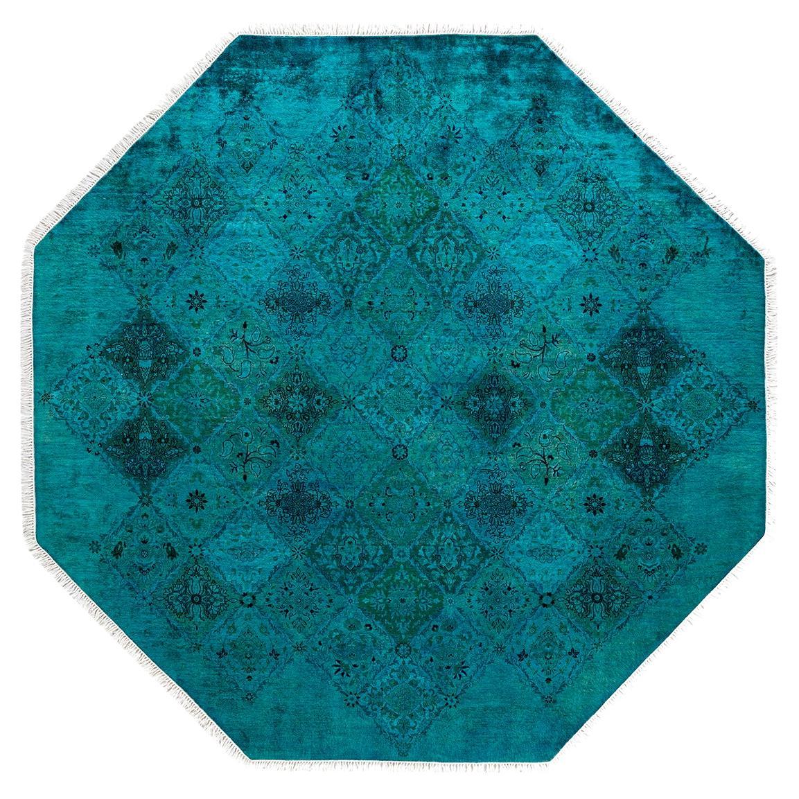 Contemporary Fine Vibrance Hand Knotted Wool Blue Octagon Area Rug