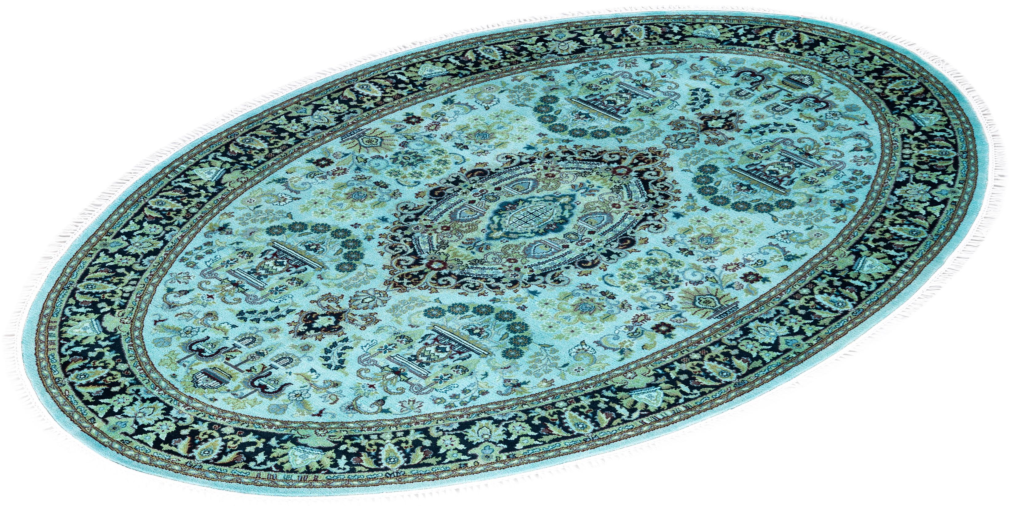 Contemporary Fine Vibrance Hand Knotted Wool Blue Oval Area Rug  For Sale 4