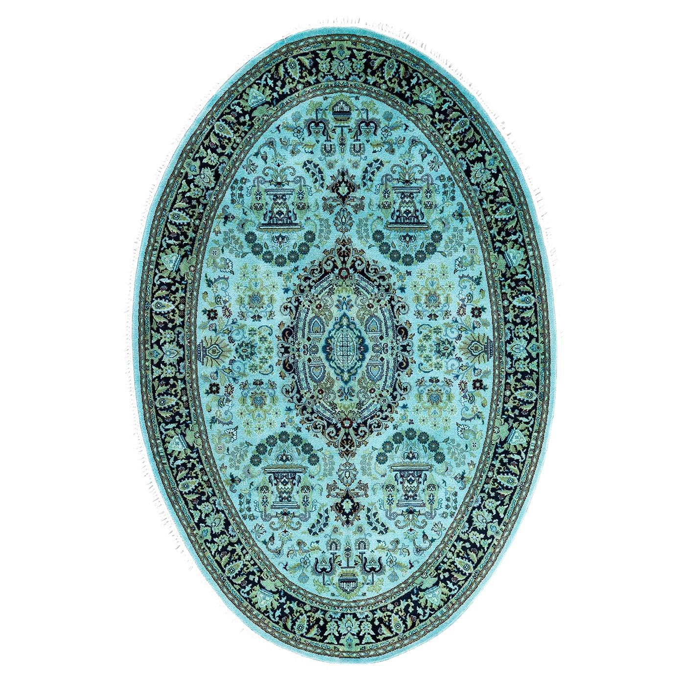 Contemporary Fine Vibrance Hand Knotted Wool Blue Oval Area Rug  For Sale