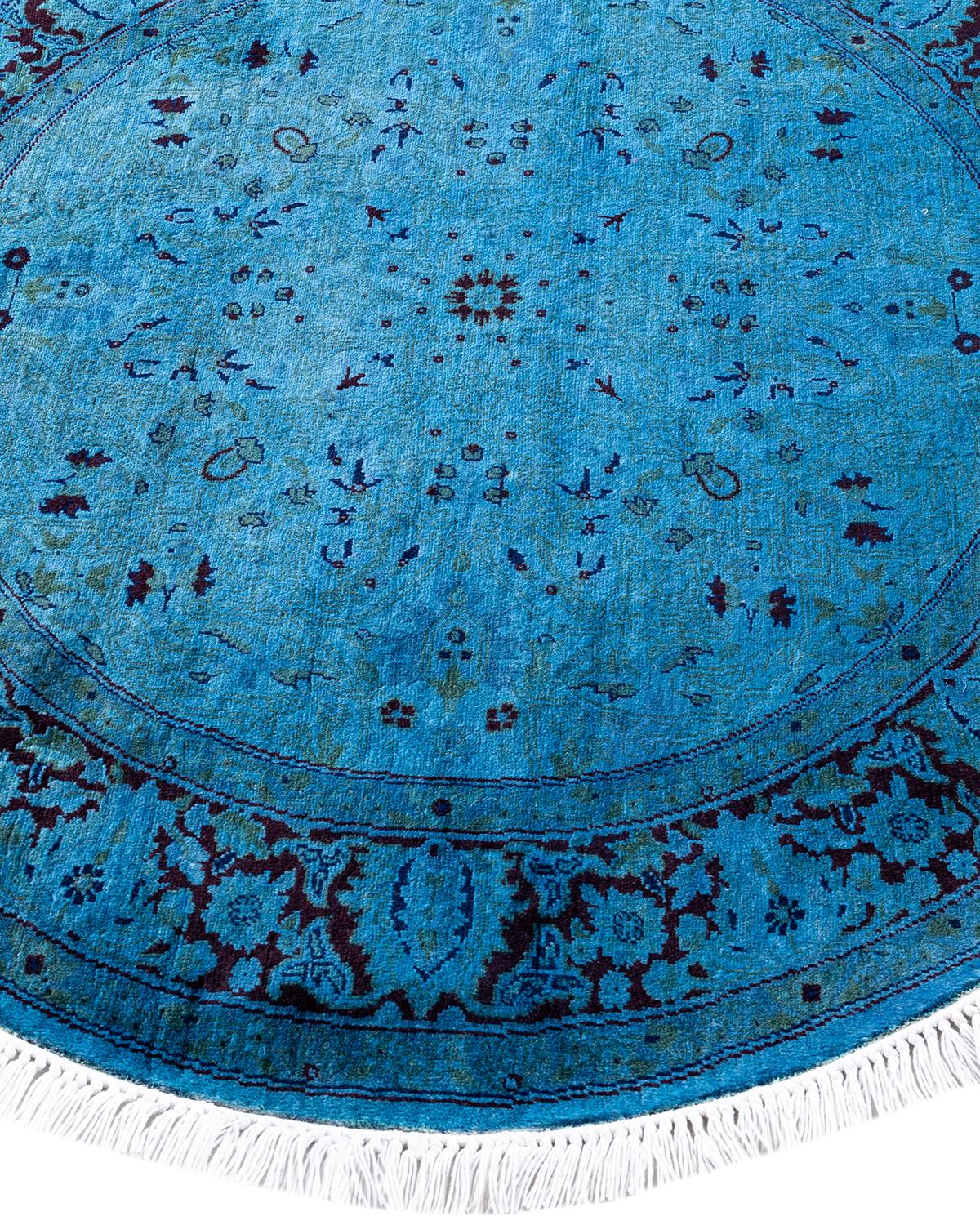 Contemporary Fine Vibrance Hand Knotted Wool Blue Round Area Rug  For Sale 1