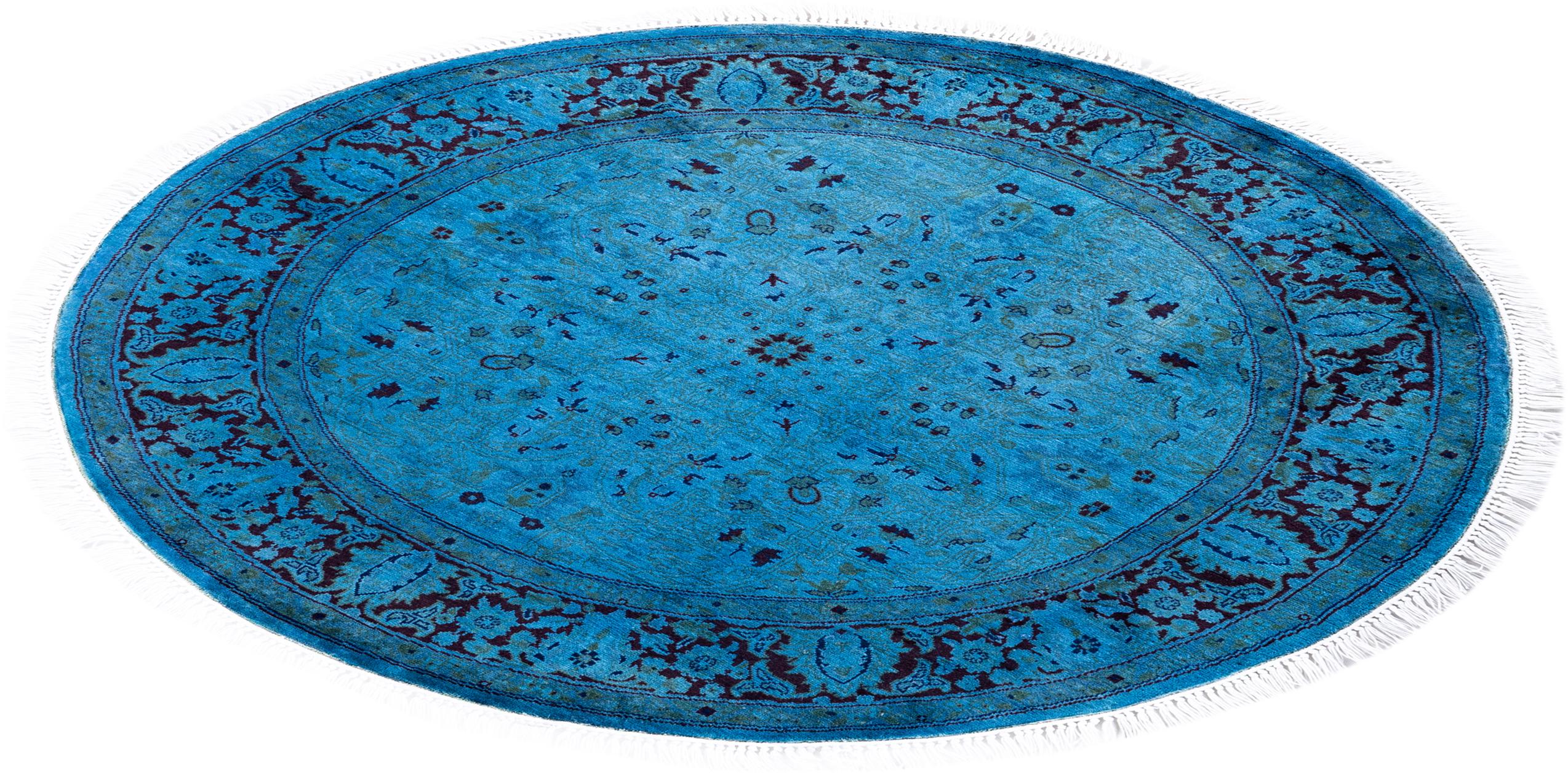 Contemporary Fine Vibrance Hand Knotted Wool Blue Round Area Rug  For Sale 4
