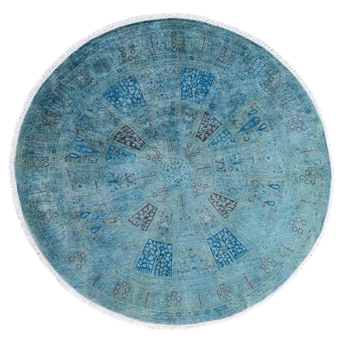 Contemporary Fine Vibrance Hand Knotted Wool Blue Round Area Rug  For Sale