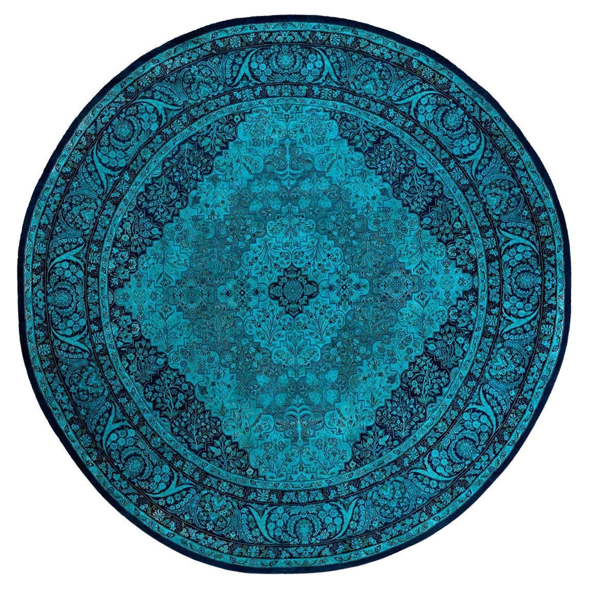Contemporary Fine Vibrance Hand Knotted Wool Blue Round Area Rug  im Angebot