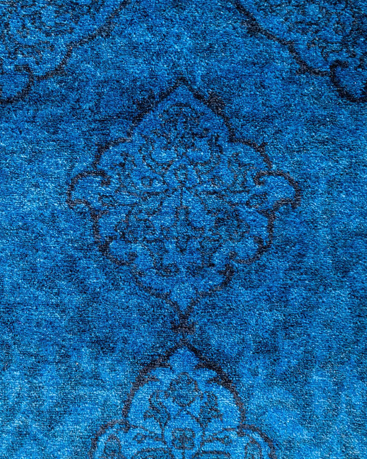 Pakistani Contemporary Fine Vibrance Hand Knotted Wool Blue Runner For Sale