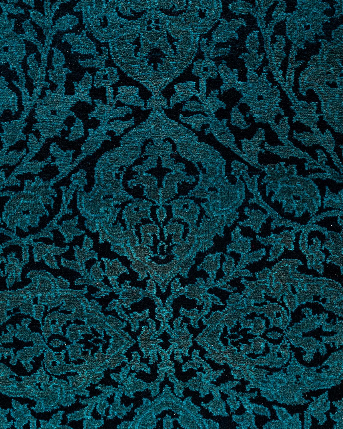 Pakistanais Chemin de table contemporain en laine fine nouée à la main bleu en vente