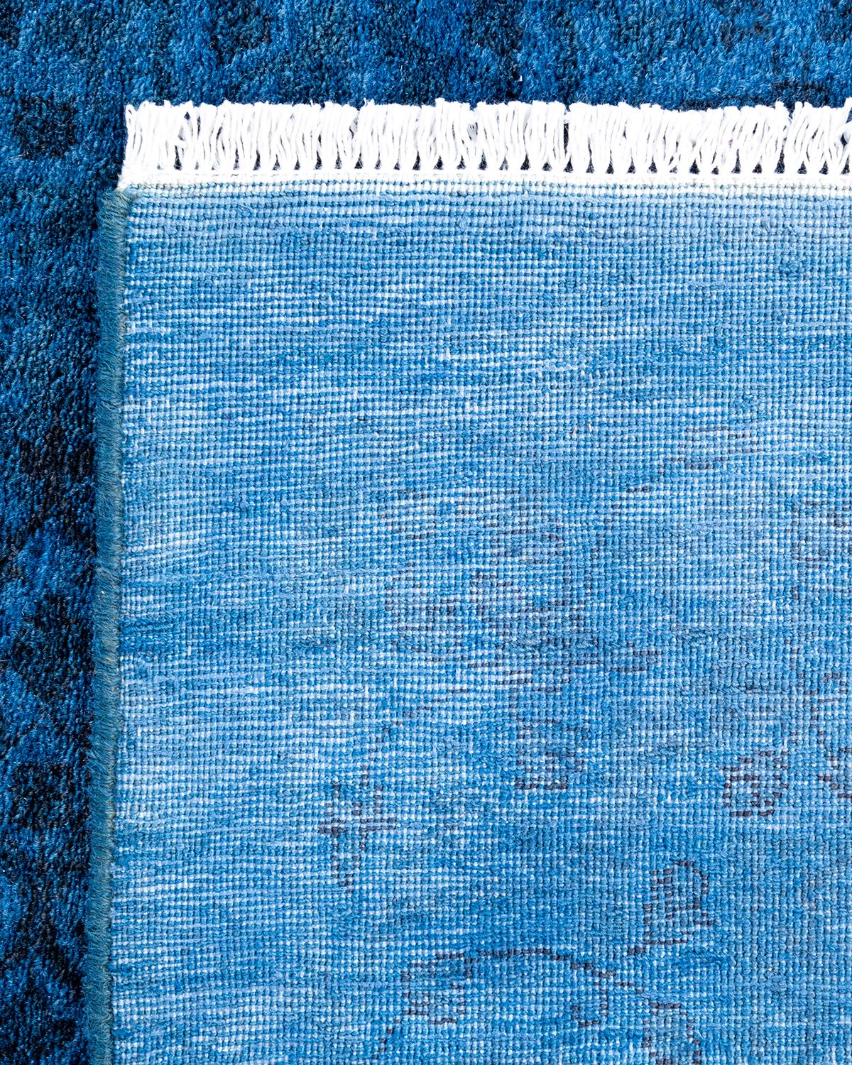 Contemporary Fine Vibrance Hand Knotted Wool Blue Runner For Sale 1