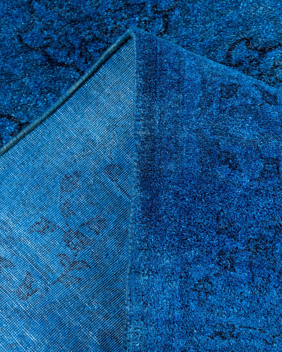 Contemporary Fine Vibrance Hand Knotted Wool Blue Runner For Sale 2