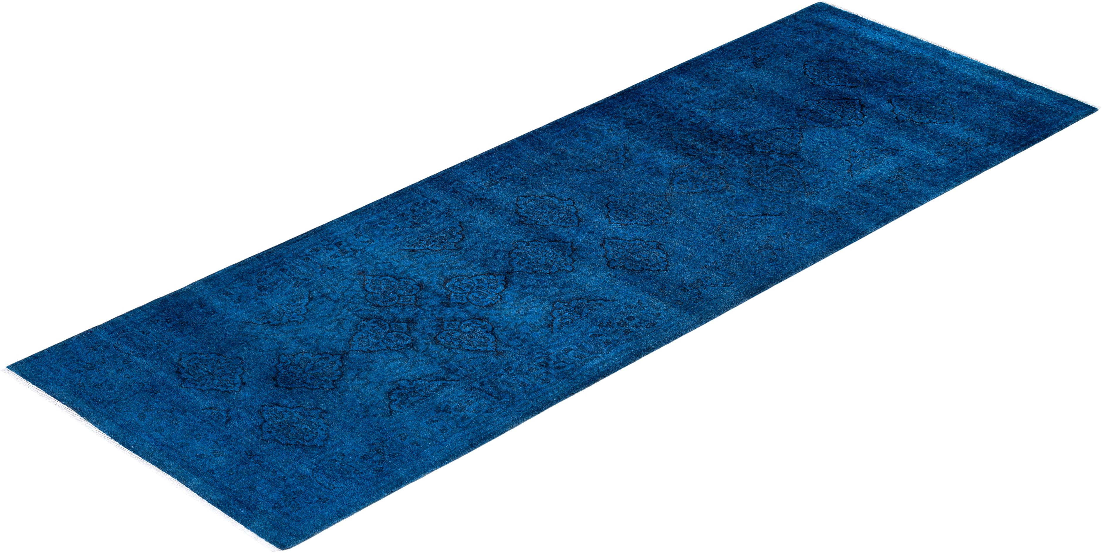 Contemporary Fine Vibrance Hand Knotted Wool Blue Runner For Sale 4