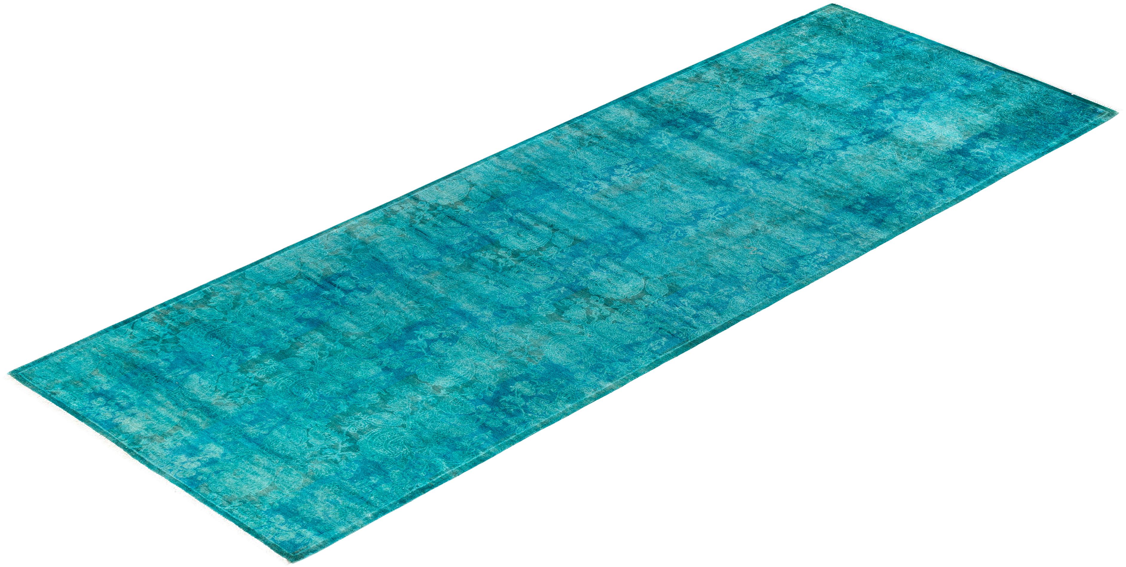Contemporary Fine Vibrance Hand Knotted Wool Blue Runner For Sale 4