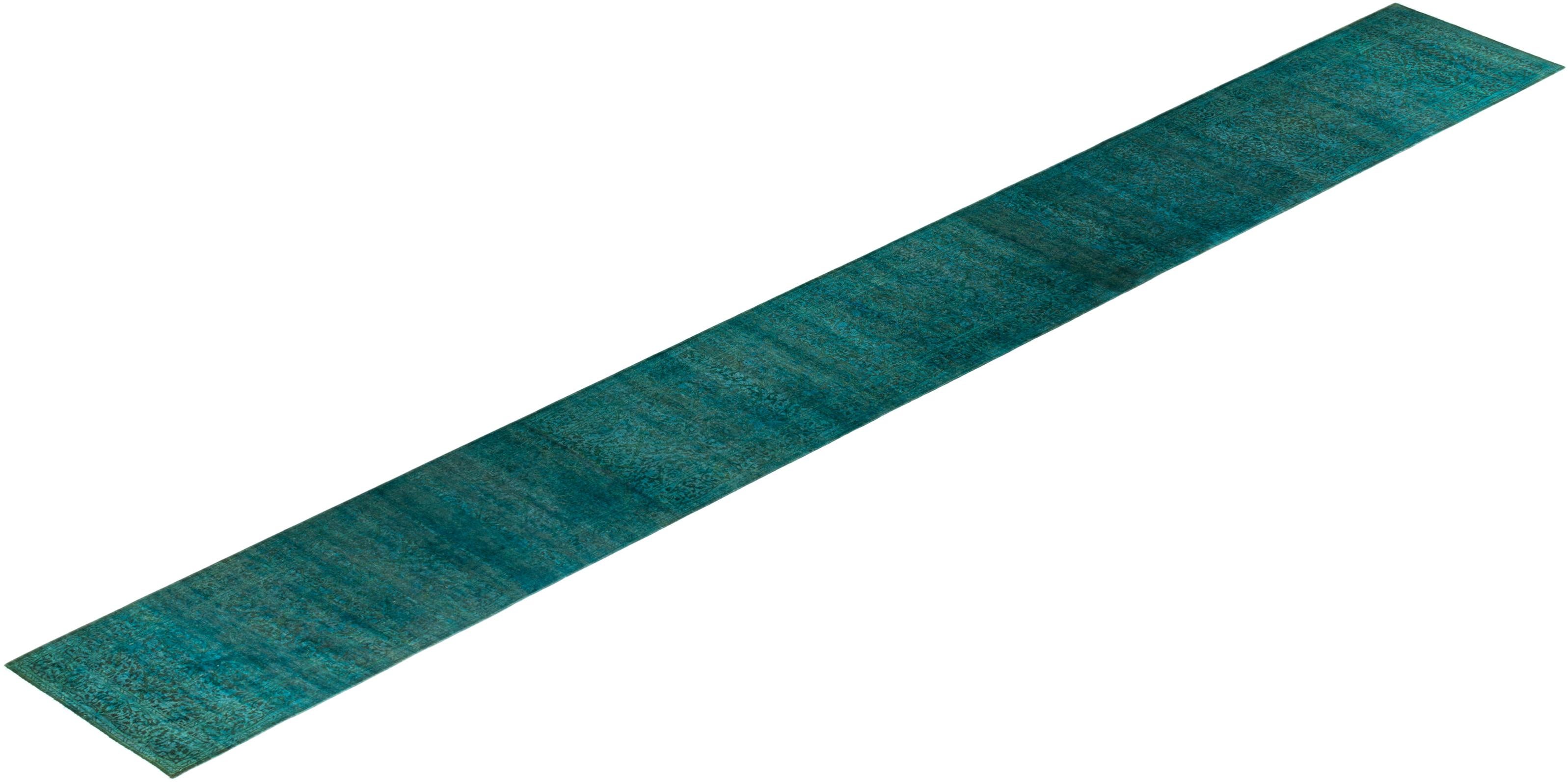 Contemporary Fine Vibrance Hand Knotted Wool Blue Runner  For Sale 4