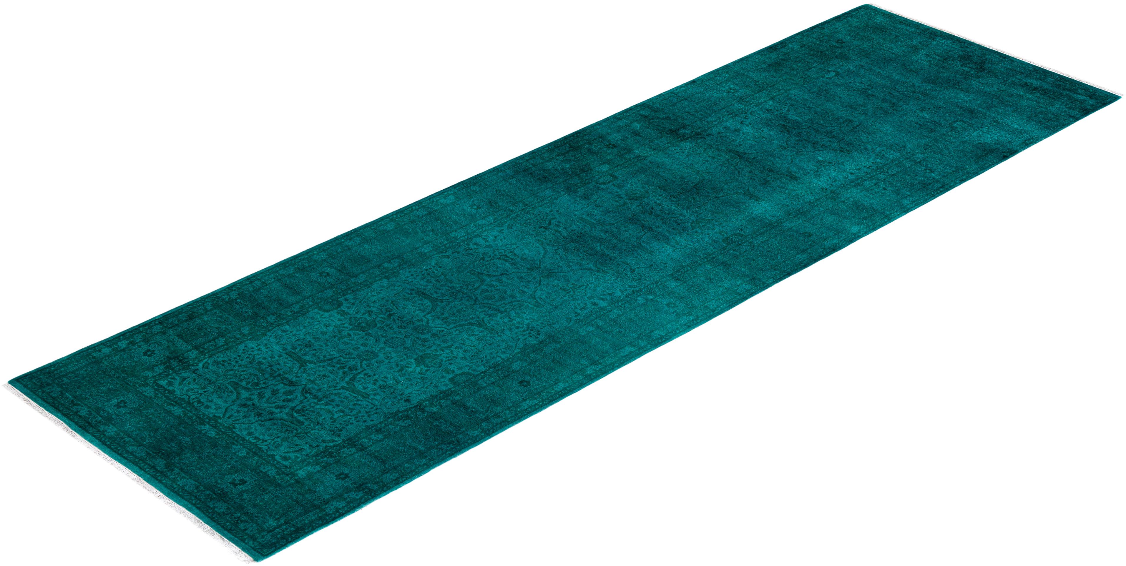 Contemporary Fine Vibrance Hand Knotted Wool Blue Runner For Sale 4