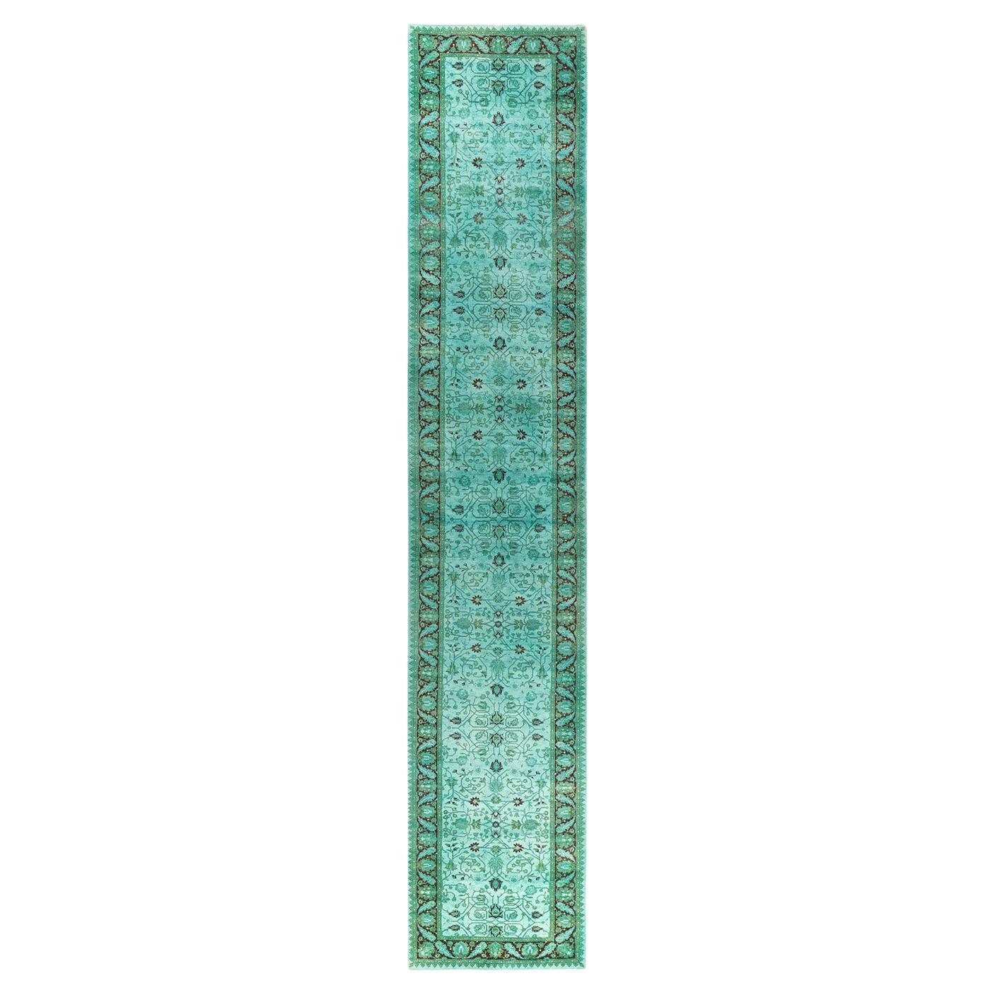 Contemporary Fine Vibrance Hand Knotted Wool Blue Runner For Sale