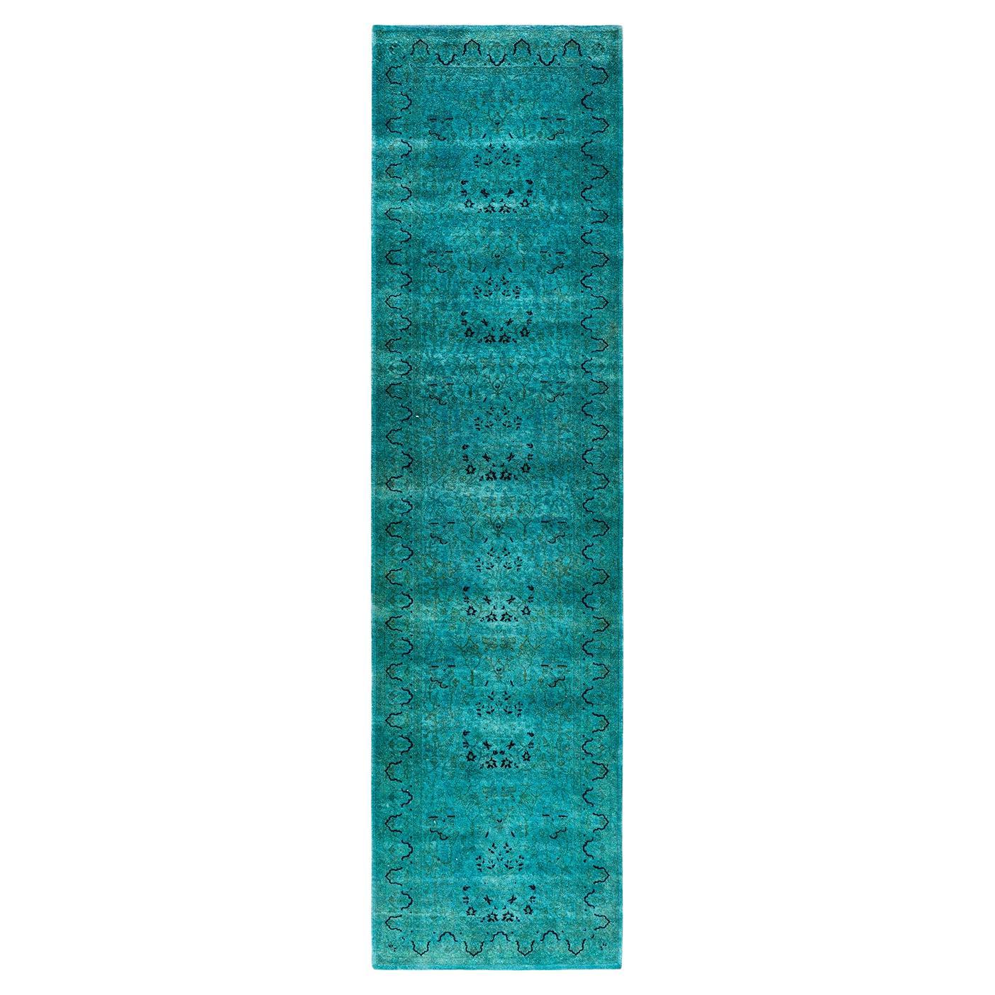 Contemporary Fine Vibrance Hand Knotted Wool Blue Runner  For Sale