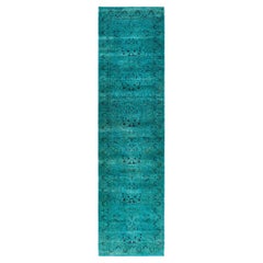 Contemporary Fine Vibrance Hand Knotted Wool Blue Runner 