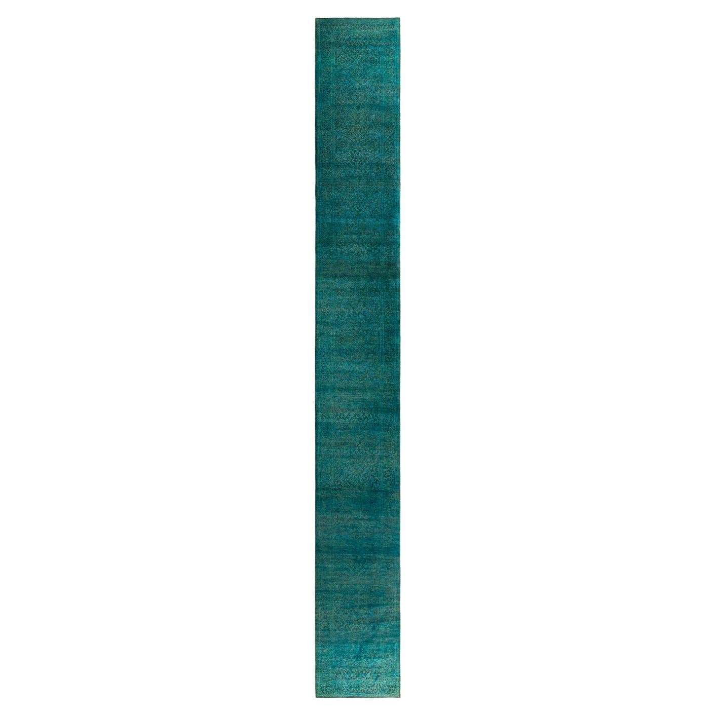 Contemporary Fine Vibrance Hand Knotted Wool Blue Runner 