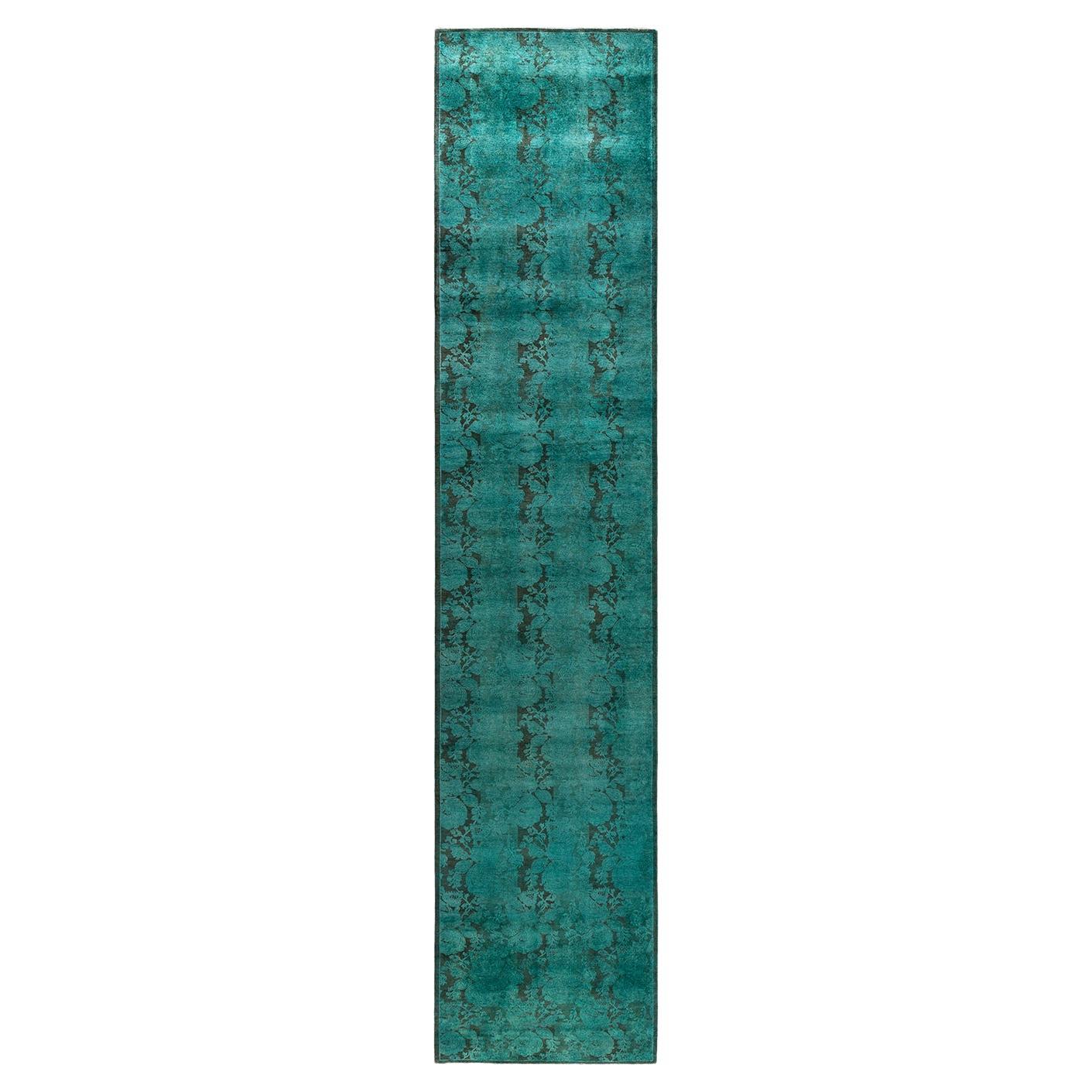 Contemporary Fine Vibrance Hand Knotted Wool Blue Runner  For Sale