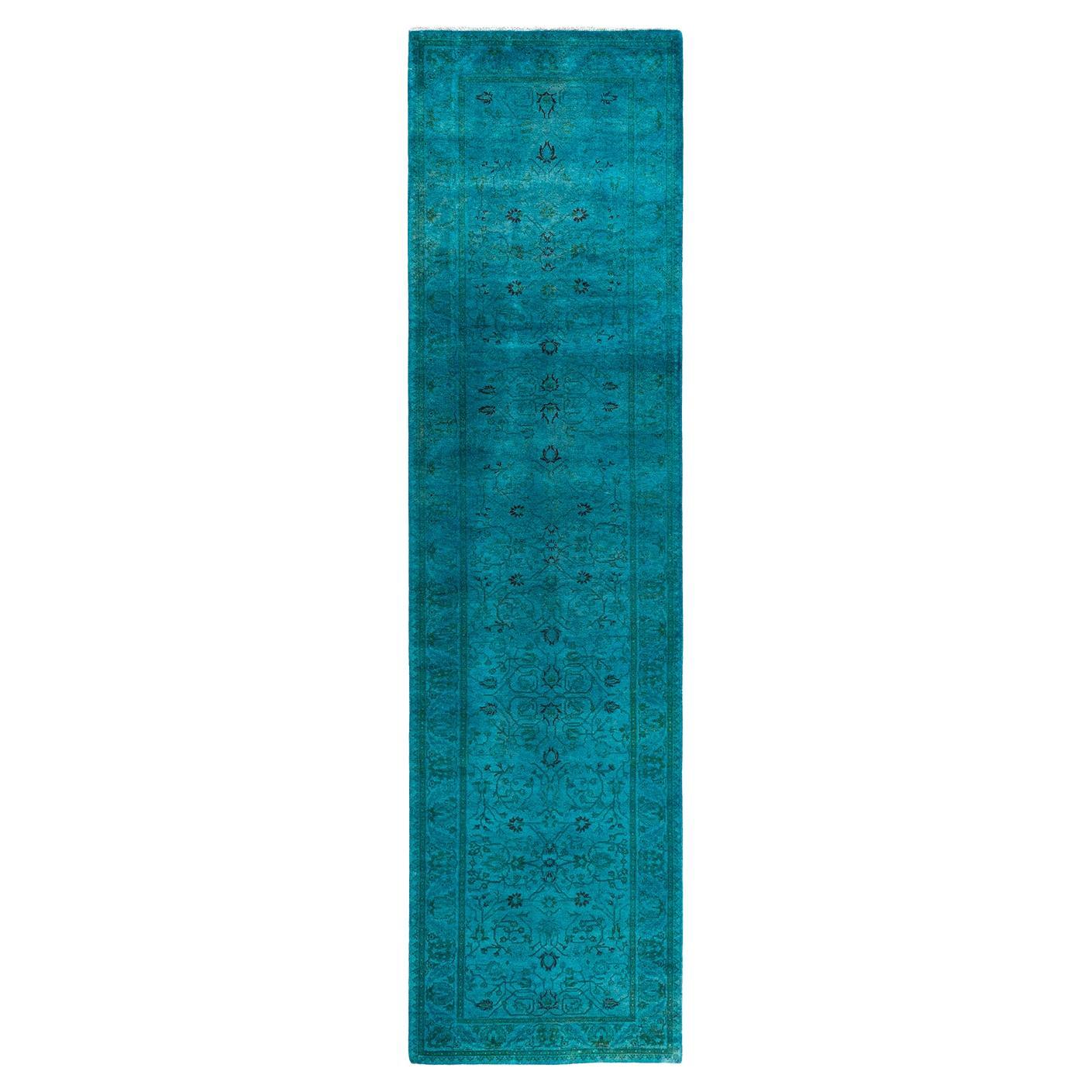 Contemporary Fine Vibrance Hand Knotted Wool Blue Runner