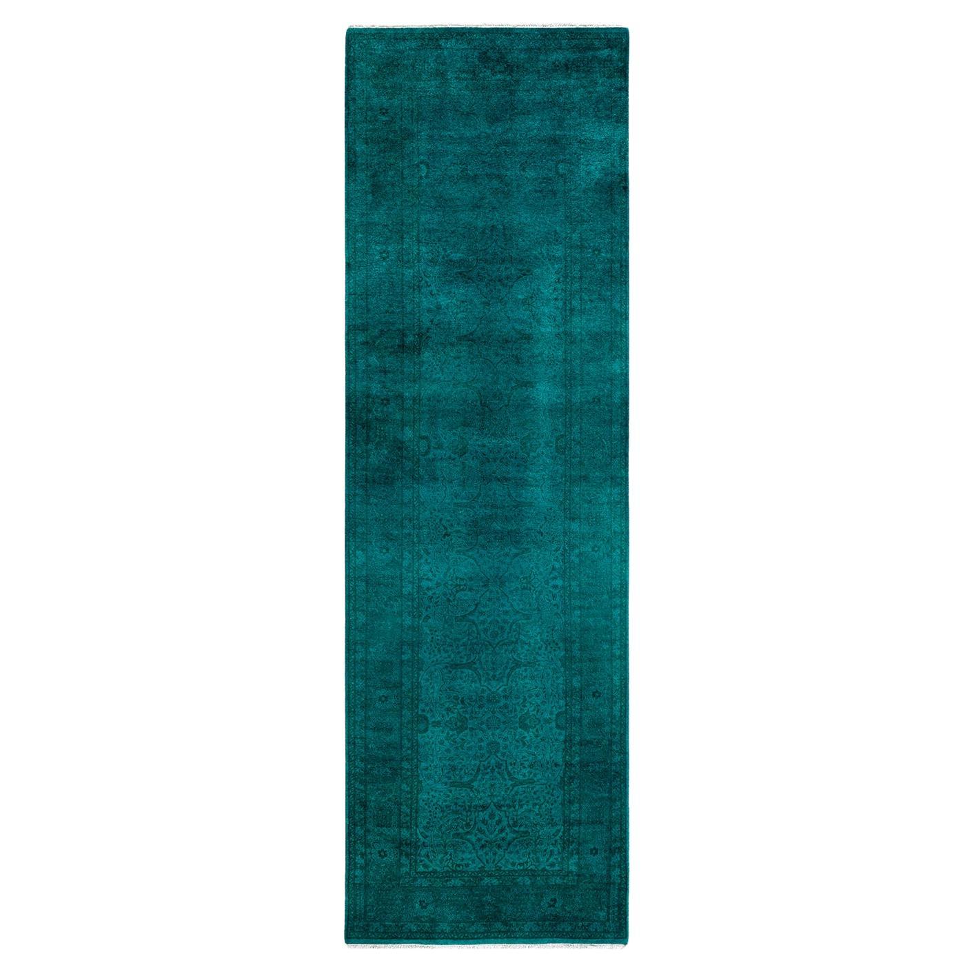 Contemporary Fine Vibrance Hand Knotted Wool Blue Runner For Sale