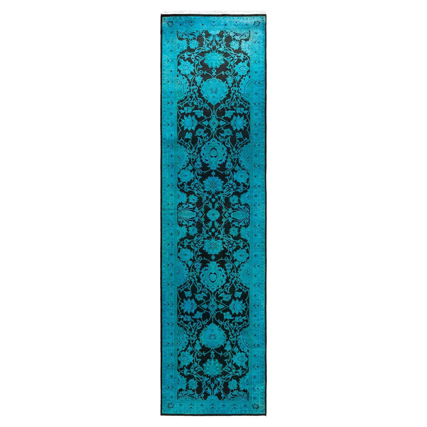 Contemporary Fine Vibrance Hand Knotted Wool Blue Runner