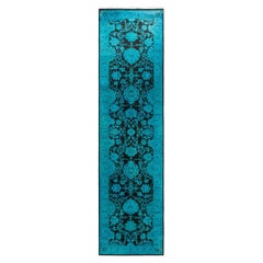 Contemporary Fine Vibrance Hand Knotted Wool Blue Runner