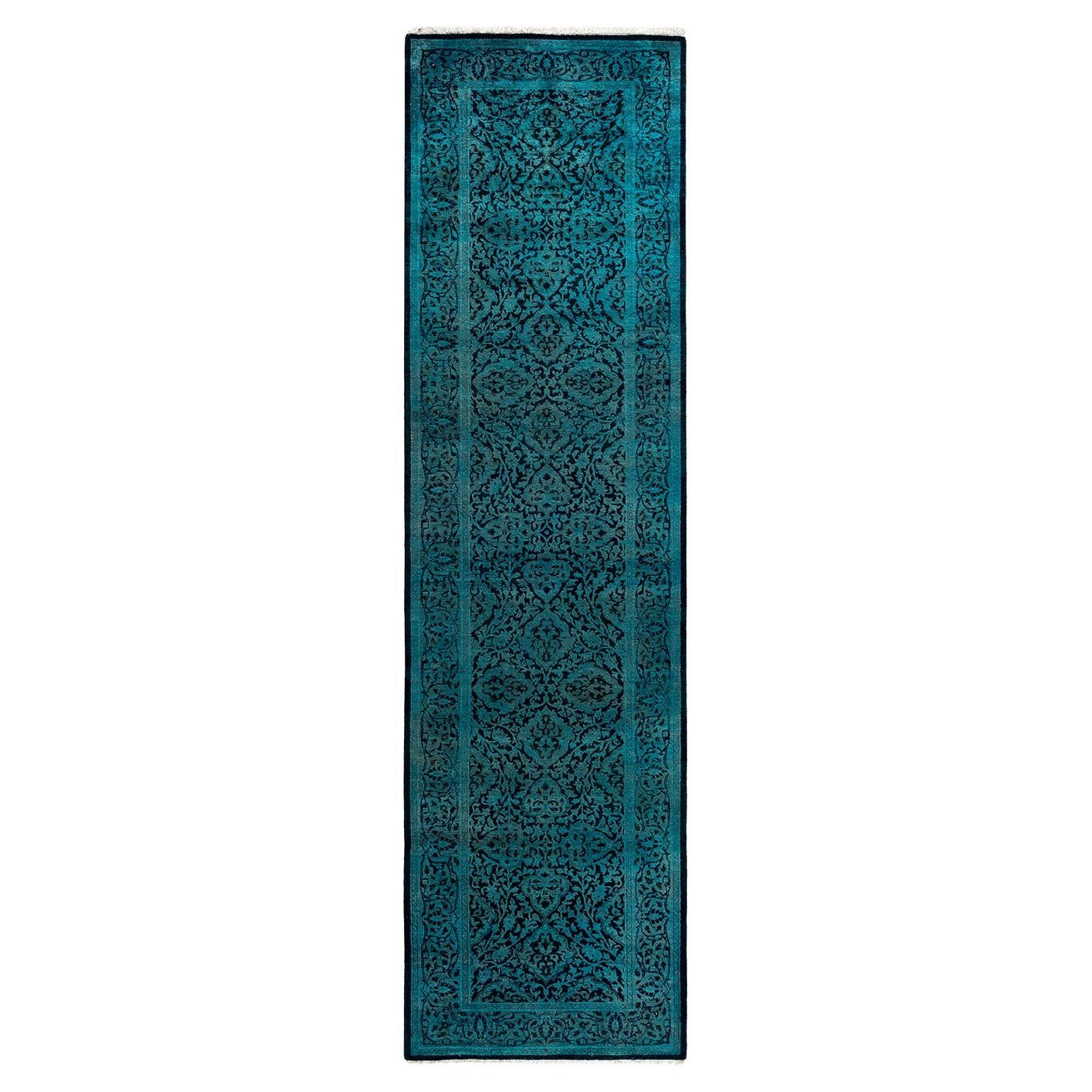 Contemporary Fine Vibrance Hand Knotted Wool Blue Runner